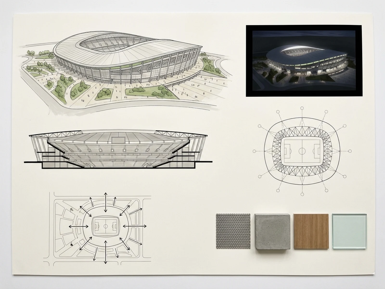 Stadium concept board with exterior, bowl section, roof, circulation, and materials