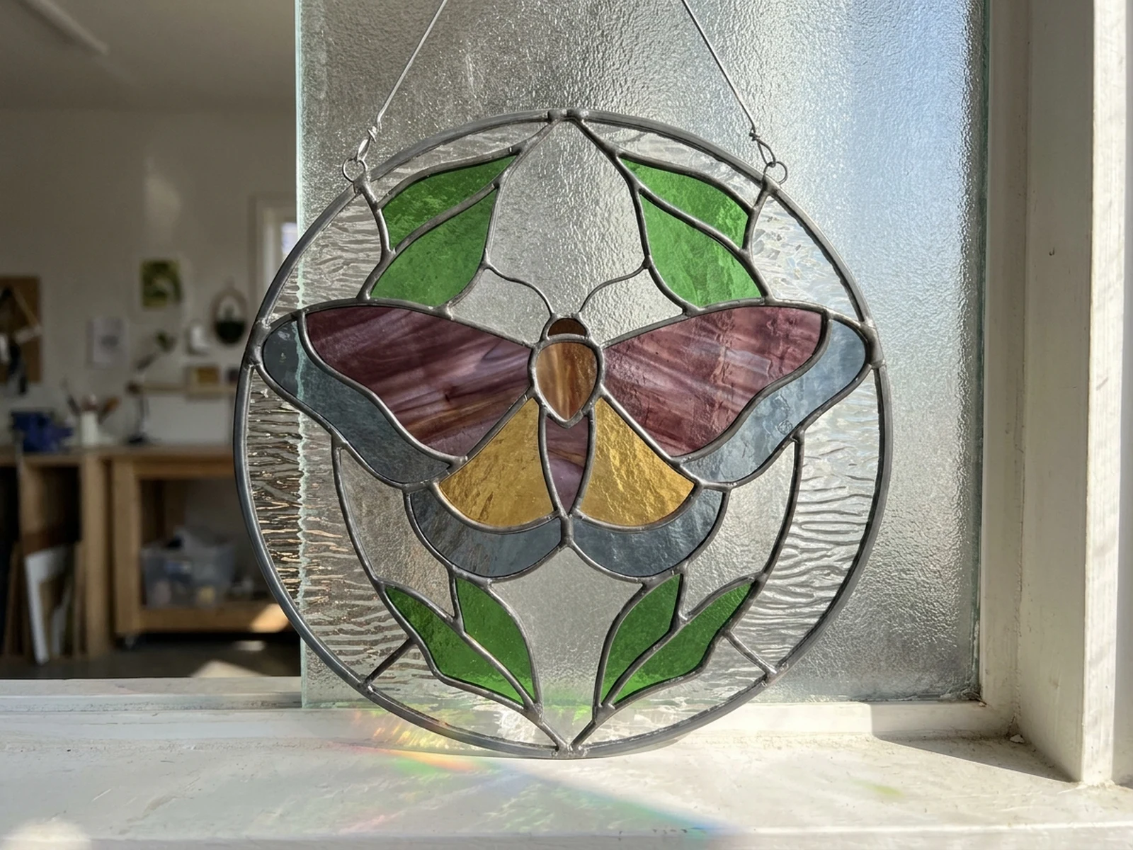 Original moth and leaf stained glass suncatcher