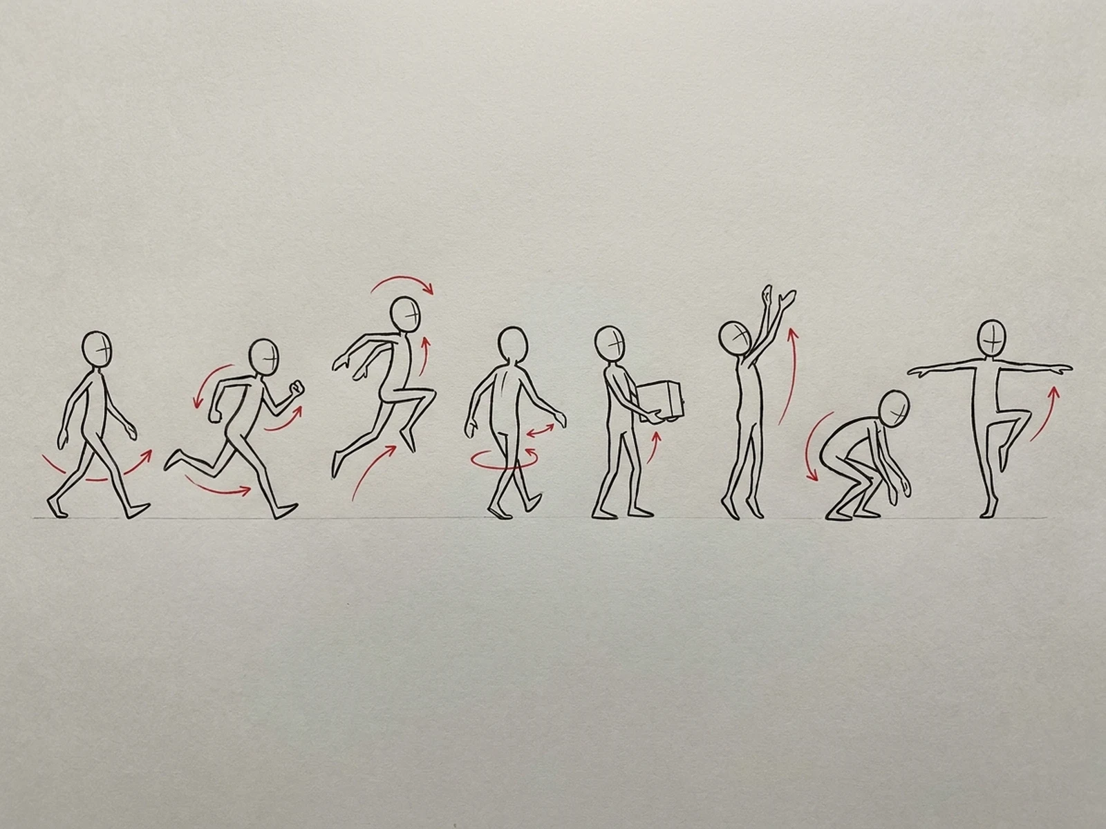 八个连续火柴人运动姿势搭配红色动作弧线