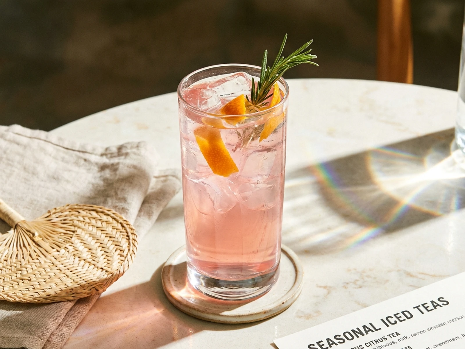 Pale hibiscus citrus iced tea with orange peel and rosemary
