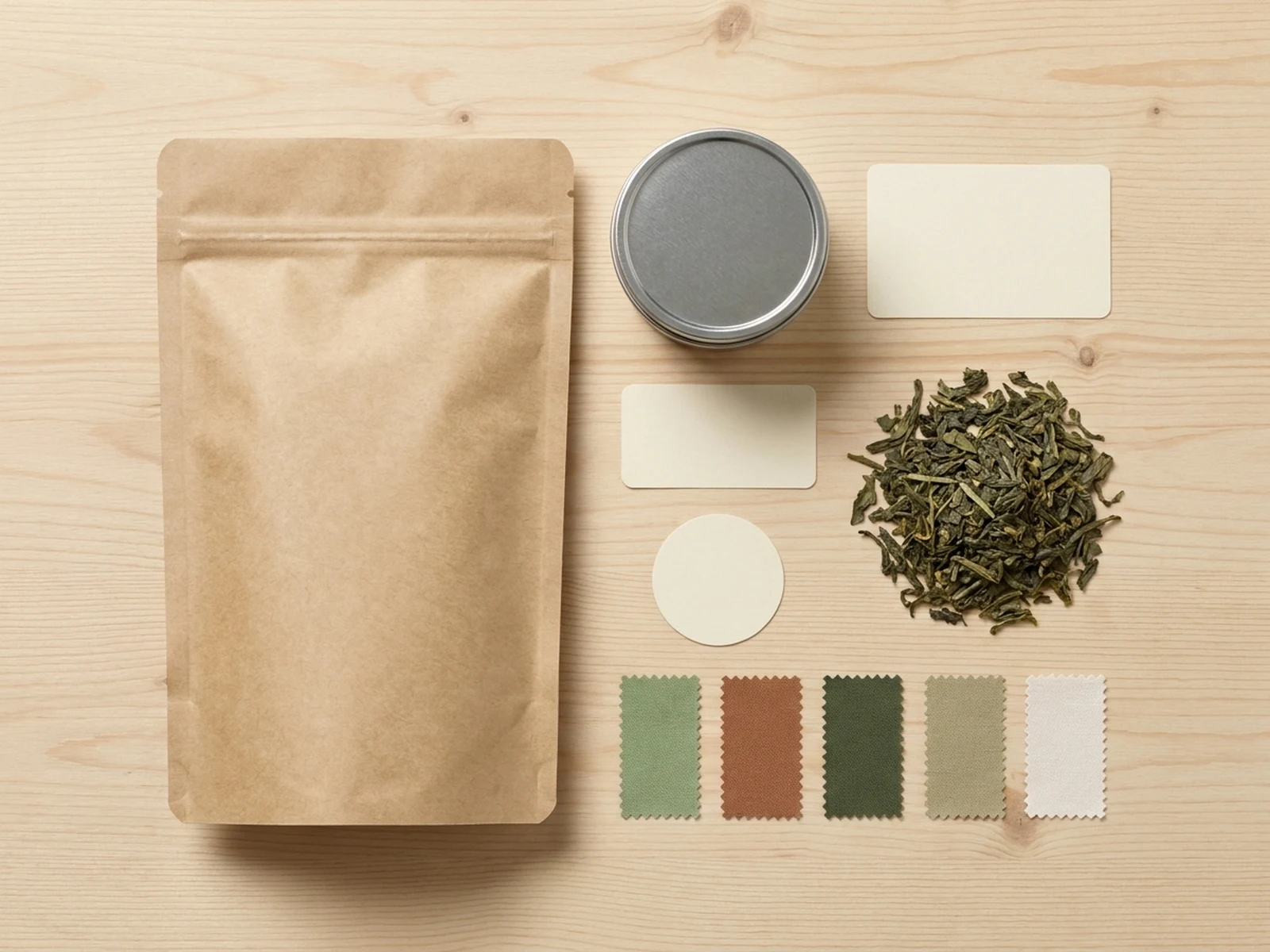 Original tea pouch and tin packaging concept with loose leaves and swatches