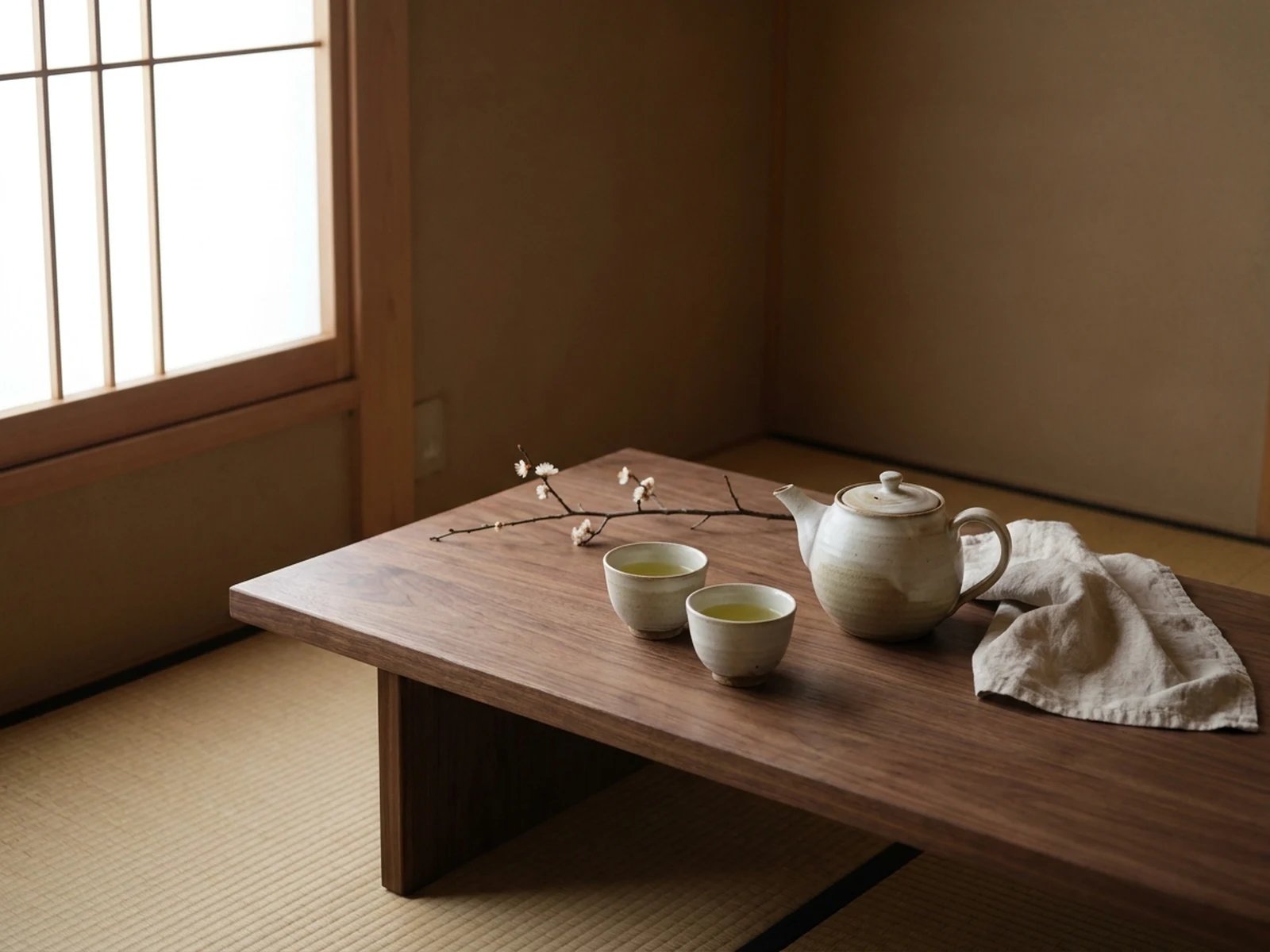 Simple ceramic teapot and cups in a calm contemporary tea setting