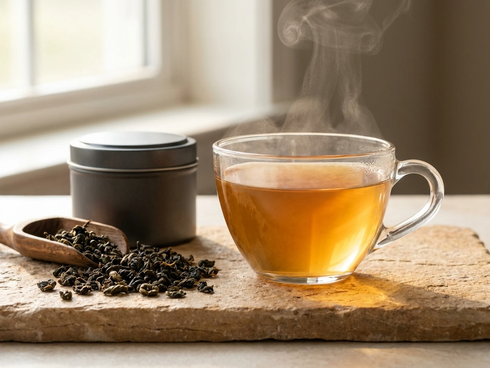 琥珀色乌龙茶、散茶叶与哑光茶罐摆放在石面