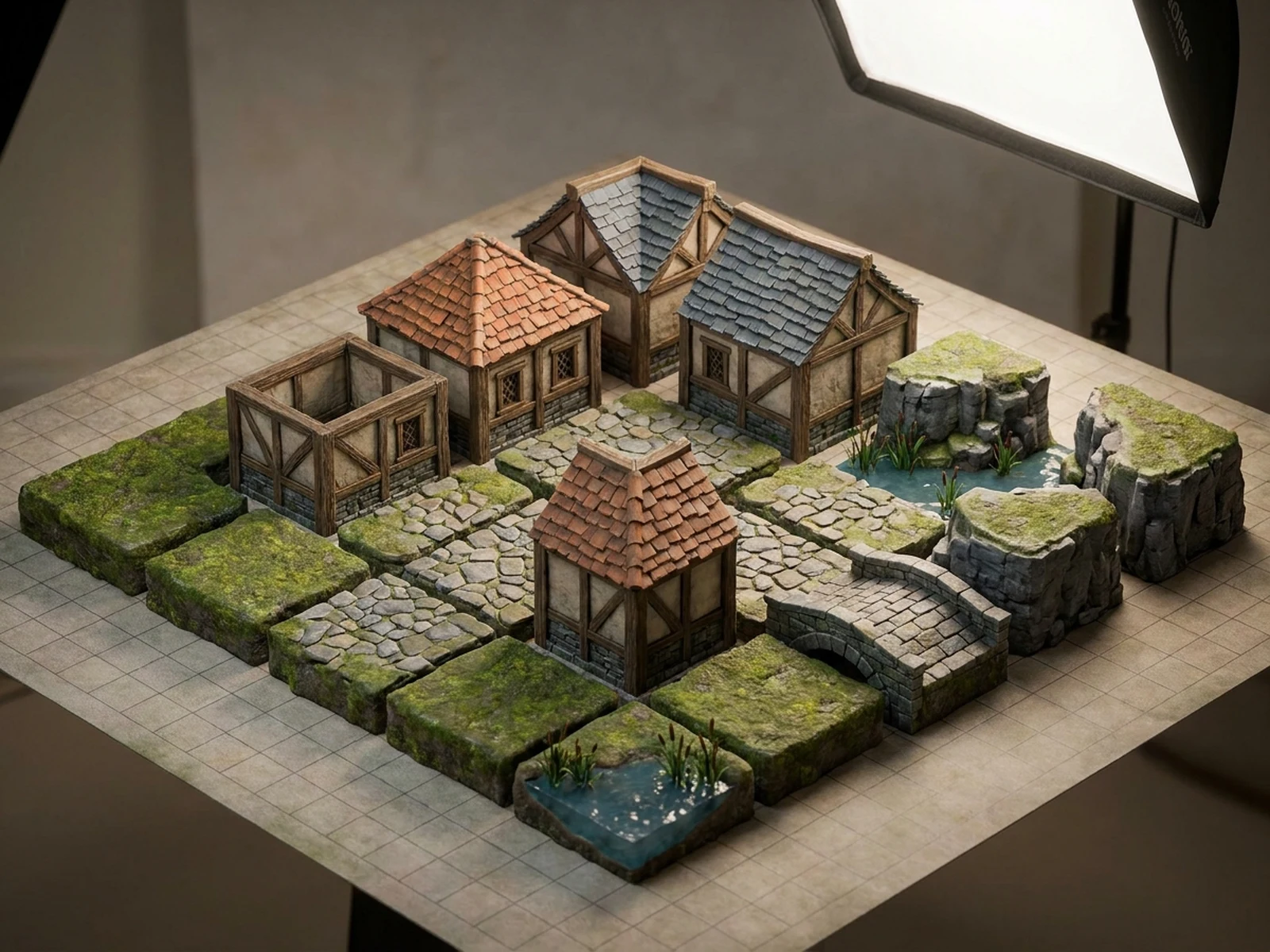 AI Tileset Generator example showing village terrain kit with controlled lighting and clear composition