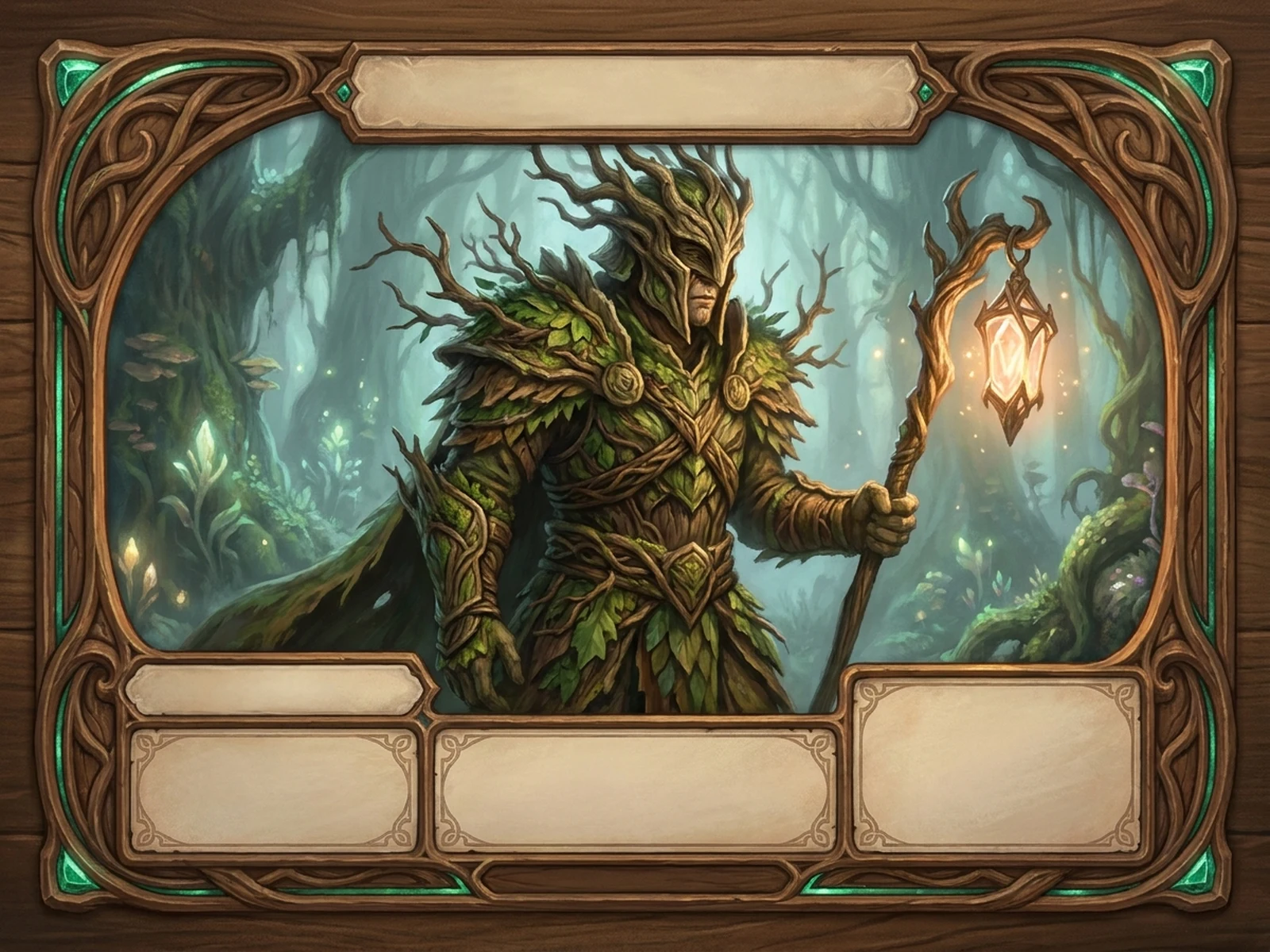 Original forest guardian trading card with carved wood and emerald foil frame