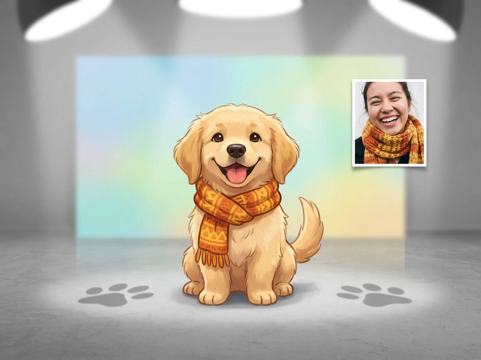 AI turn humans into pets example showing a friendly golden puppy avatar with matching scarf