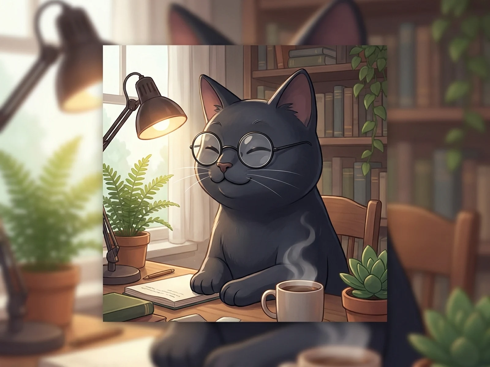 AI turn humans into pets example showing a sleek black cat avatar with glasses in a cozy desk scene