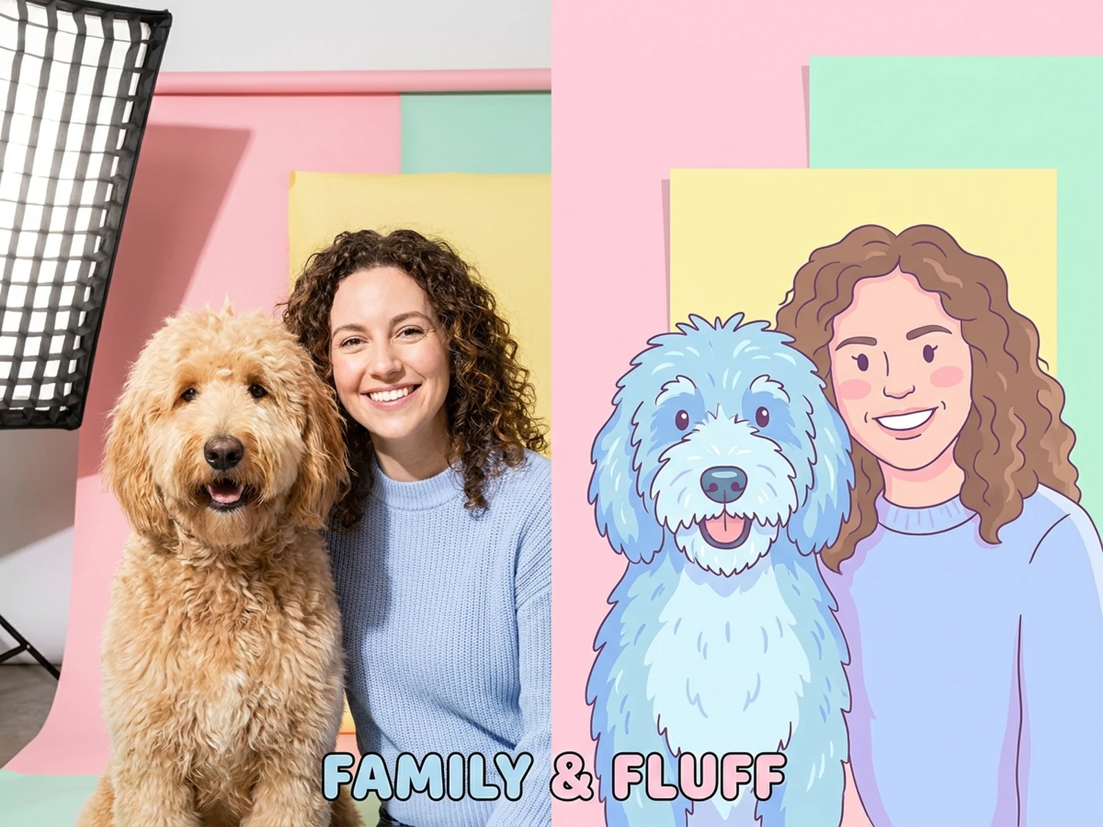 Playful portrait concept showing a smiling person beside a matching fluffy pet avatar in a bright studio