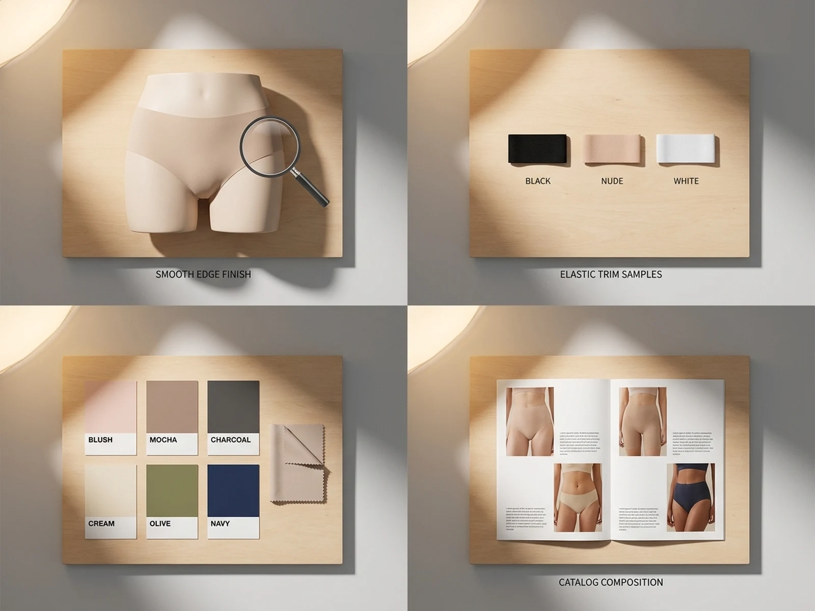 AI underwear generator example showing seamless design board with trim samples and clean product layout