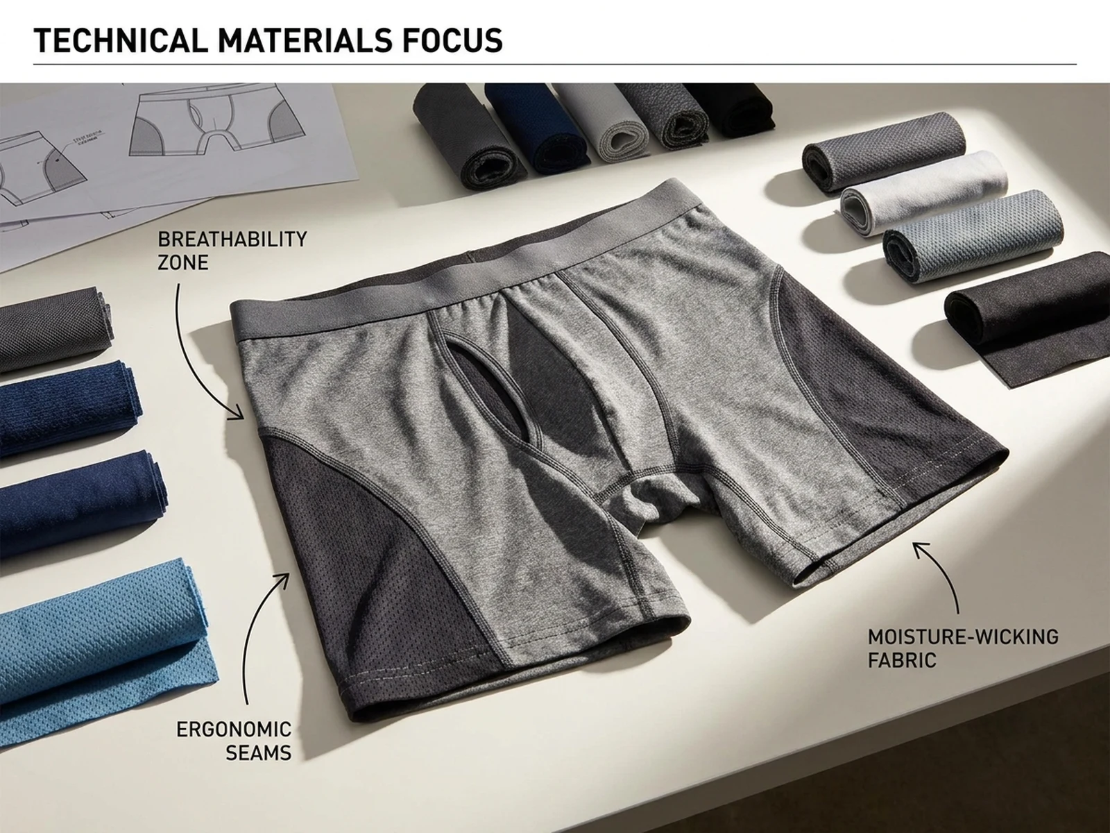 AI underwear generator example showing active fabric study with mesh panels and technical apparel styling