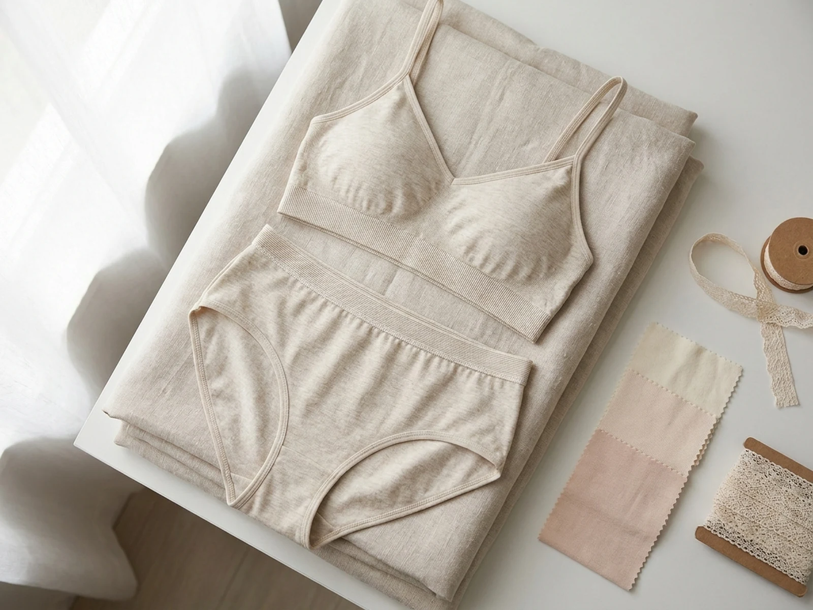 Tasteful underwear product design board with fabric swatches and clean ecommerce flat lay styling
