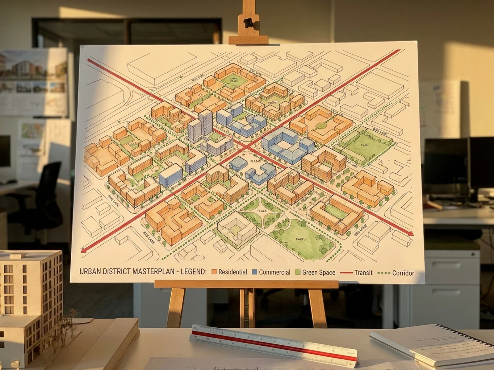 AI Urban Planning Generator example showing street-level district with controlled lighting and clear composition