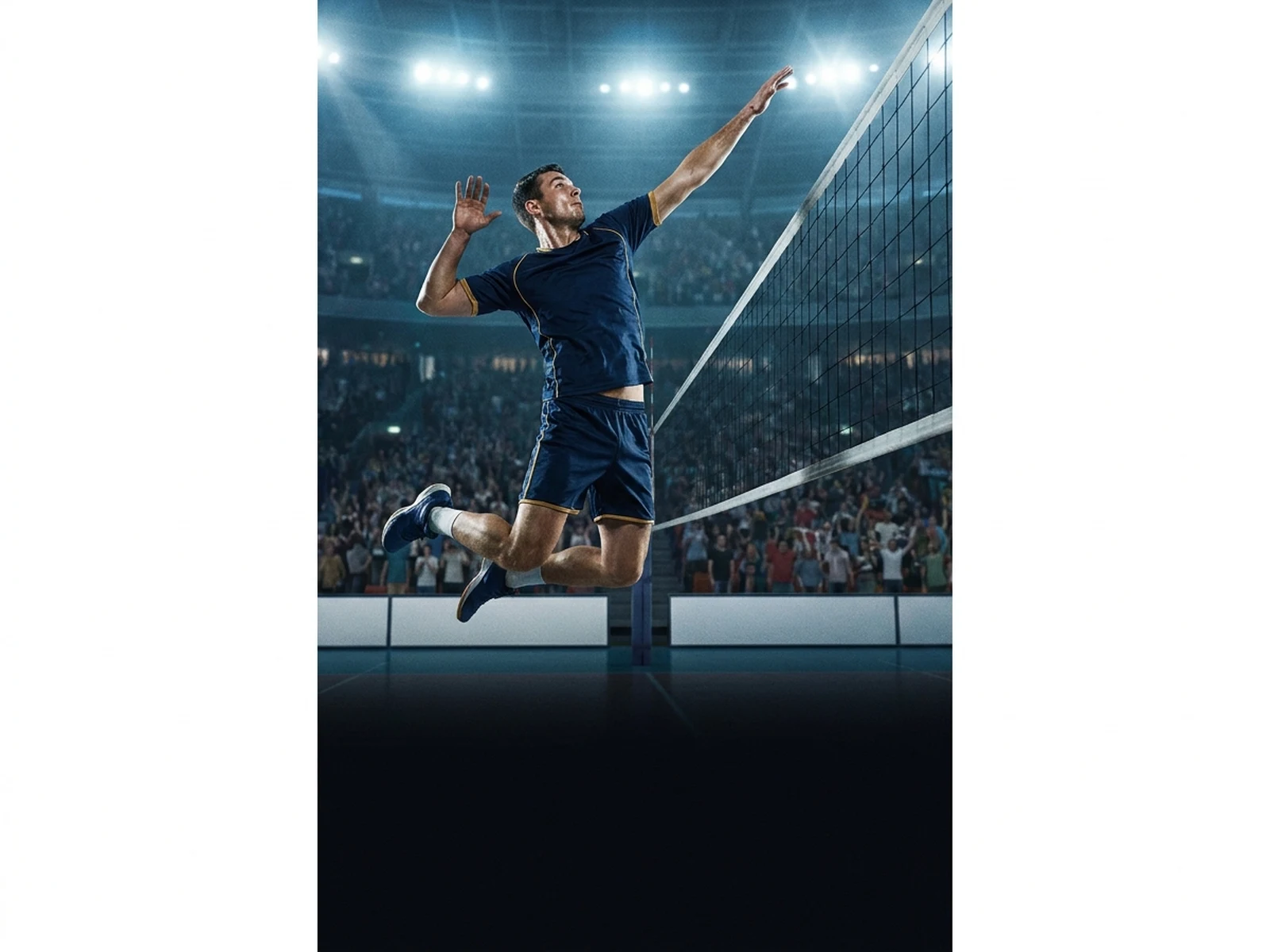 AI-generated volleyball player completing a spike in a championship arena