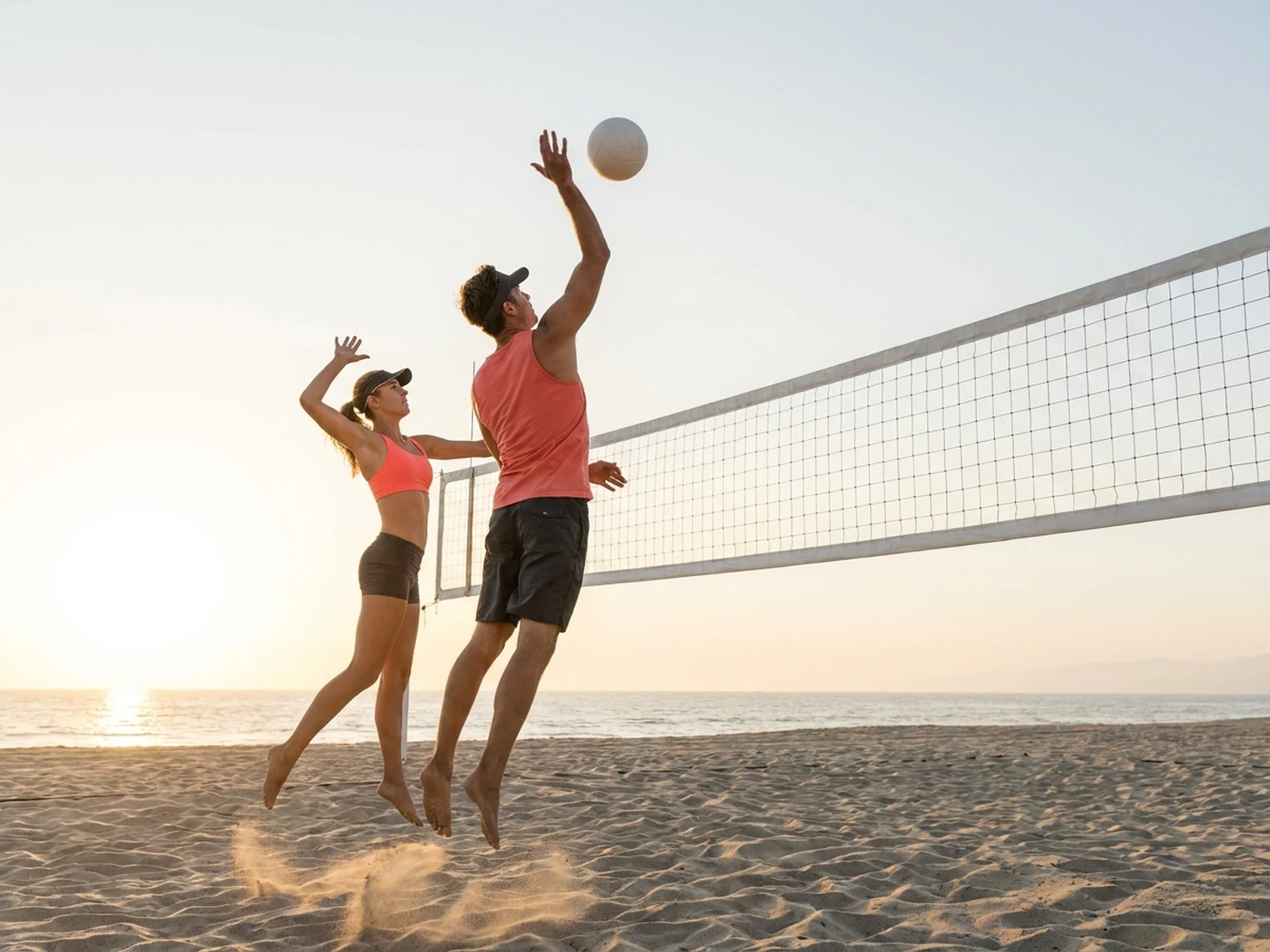 AI-generated beach volleyball athletes preparing a jump serve at sunset