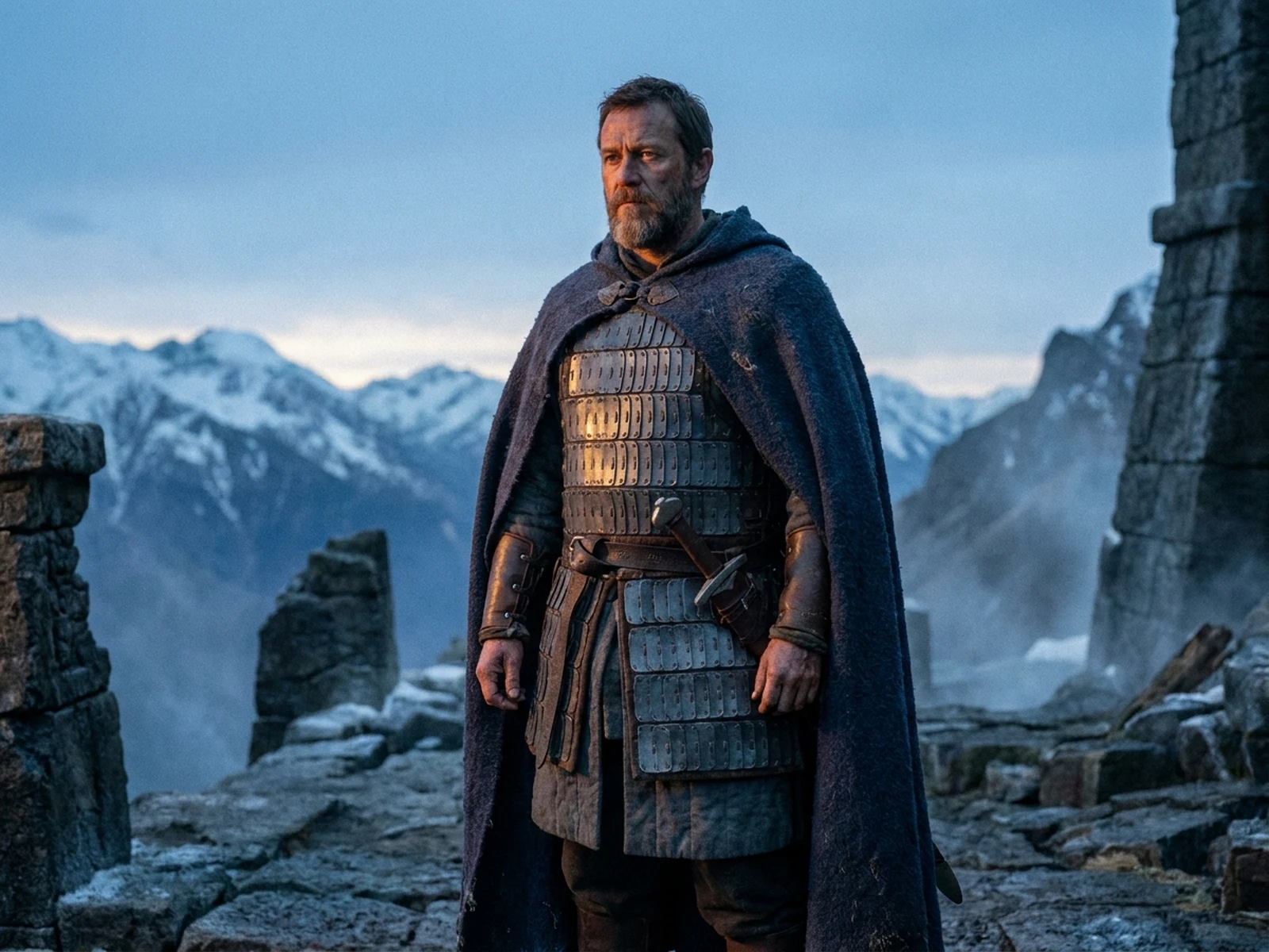 Original adult mountain guardian in layered armor at dawn