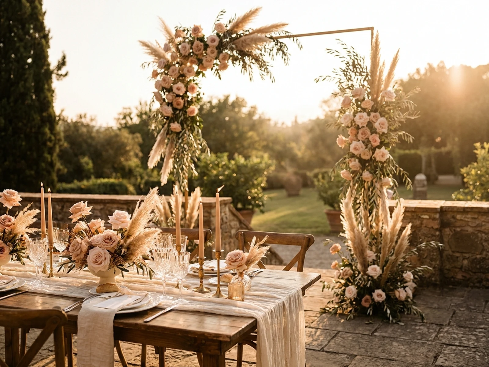 AI Wedding Decorations Generator example showing garden dinner setup with controlled lighting and clear composition