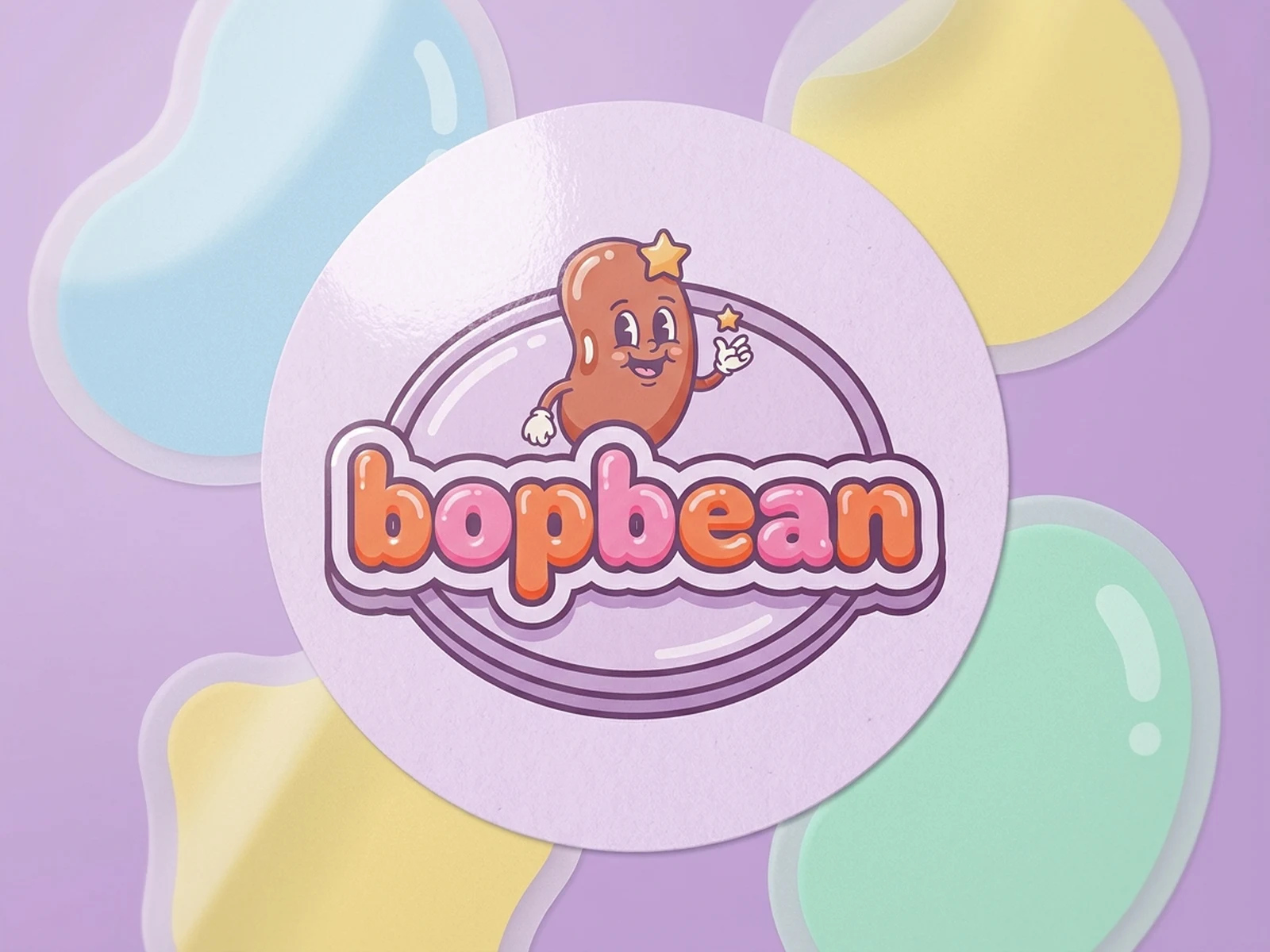 带原创豆子与星星图标的泡泡字咖啡馆Logo