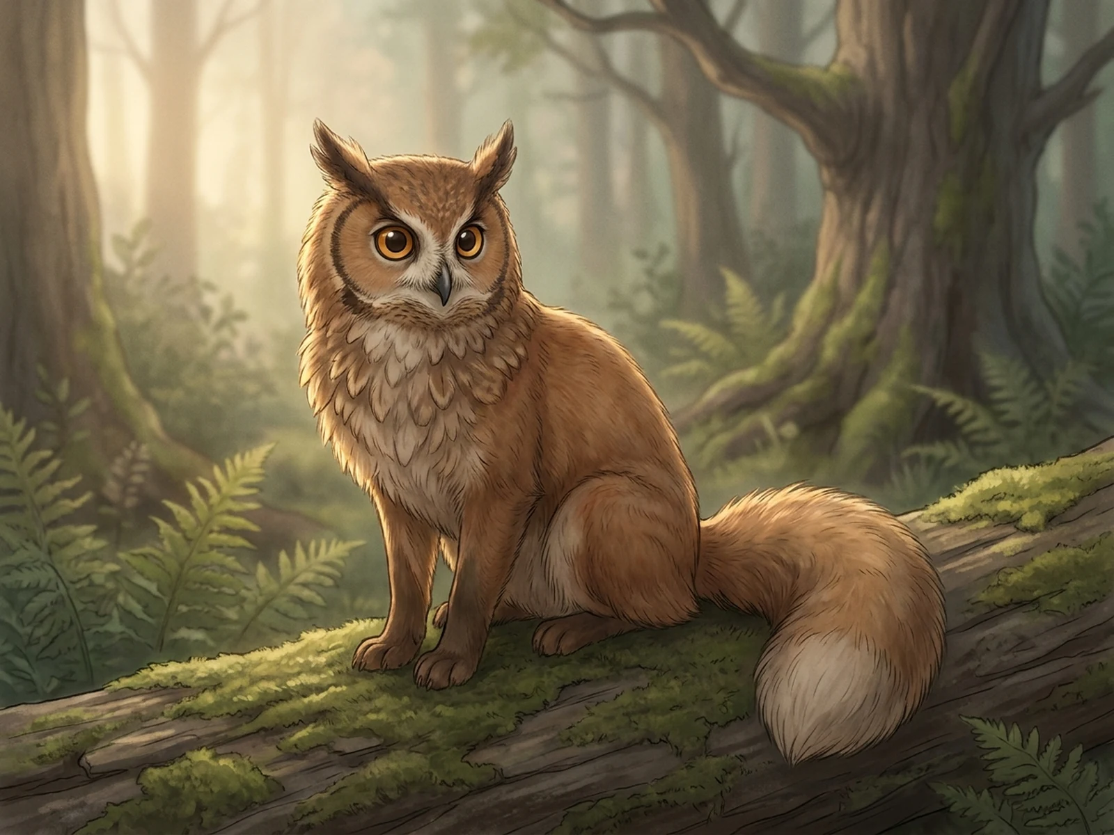 Original owl-and-fox hybrid perched calmly on a mossy log