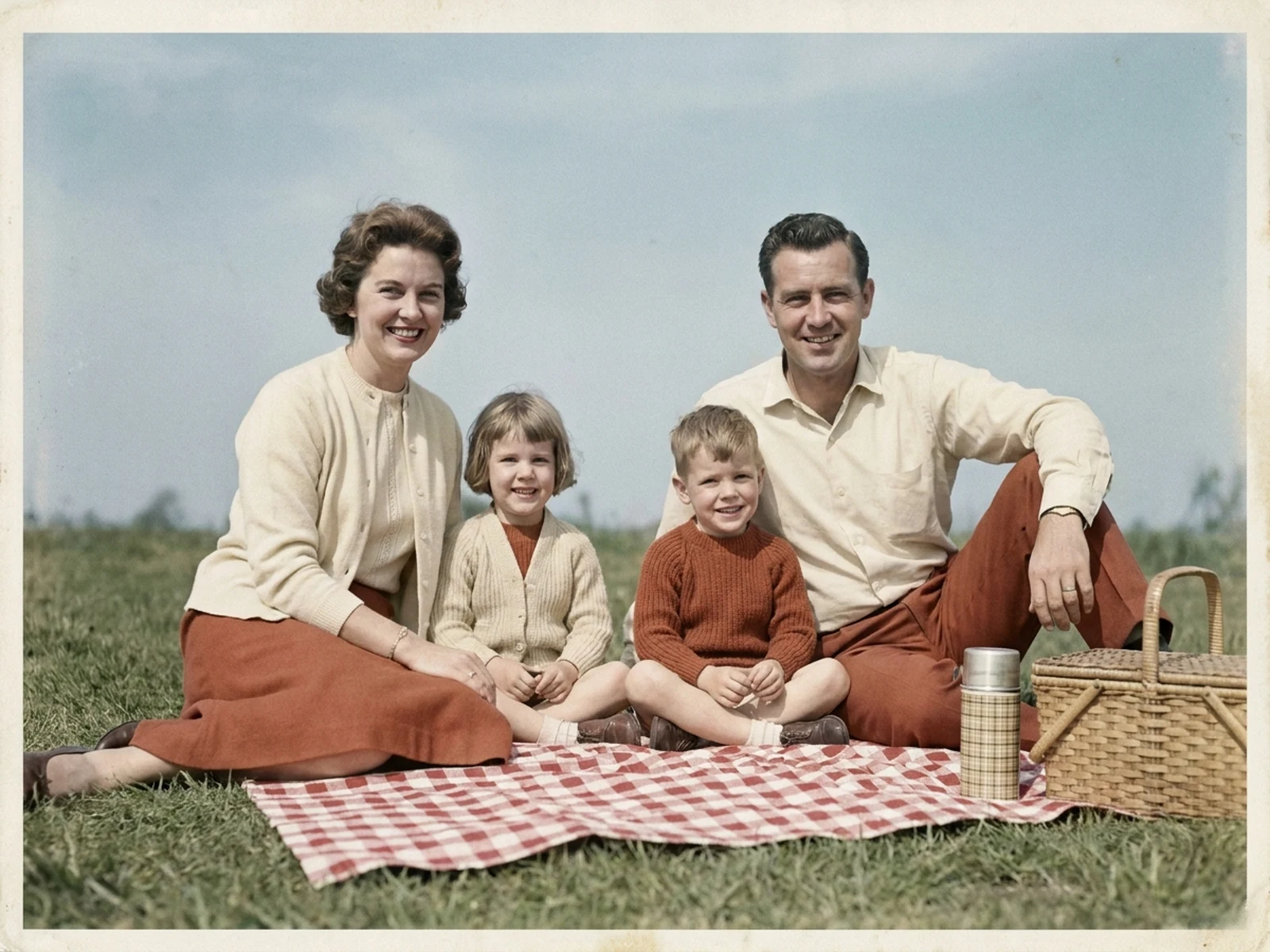 Fictional vintage family picnic photograph with restrained period-aware color