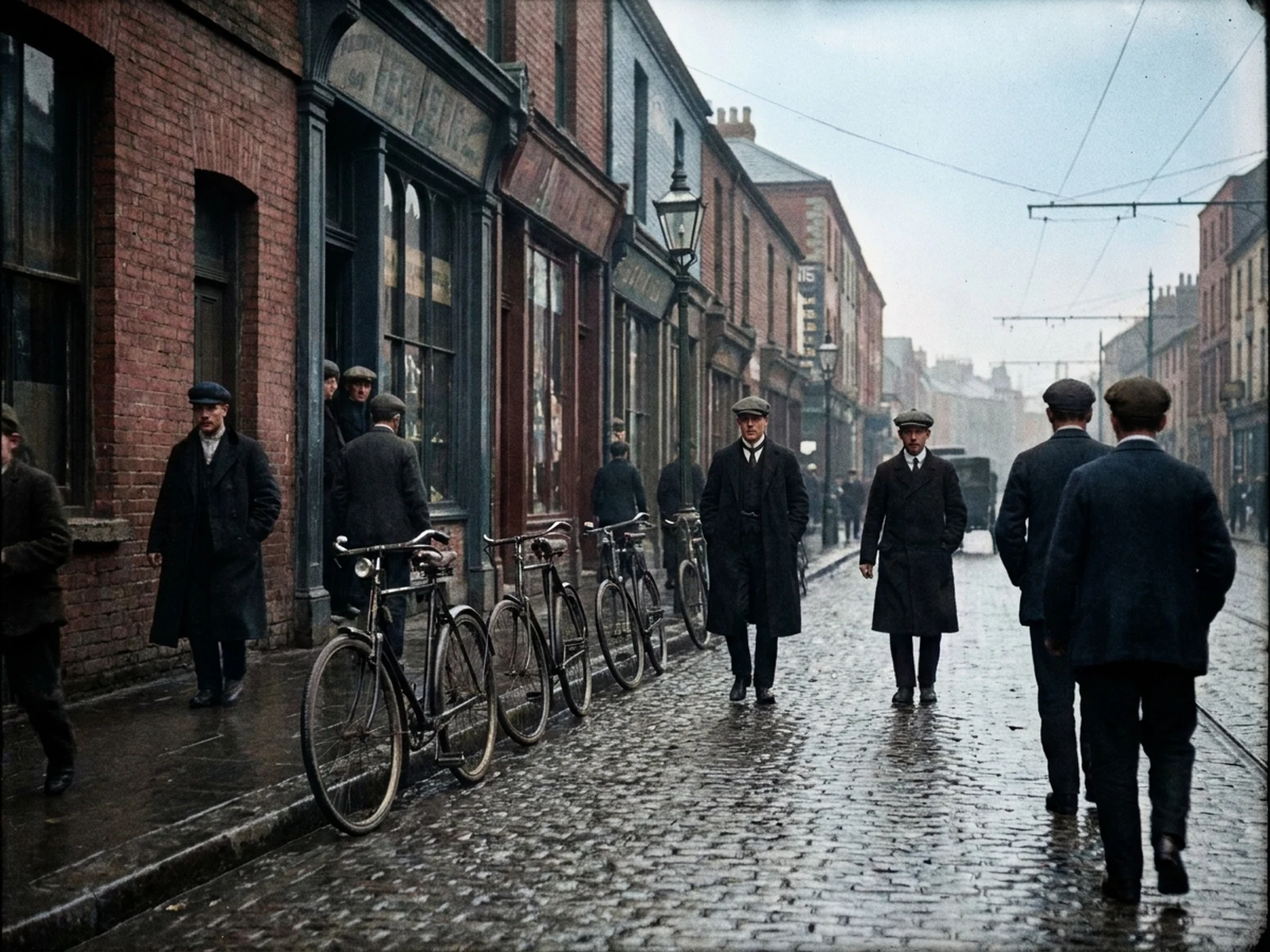Fictional historic-style street scene colorized with subdued period-aware tones