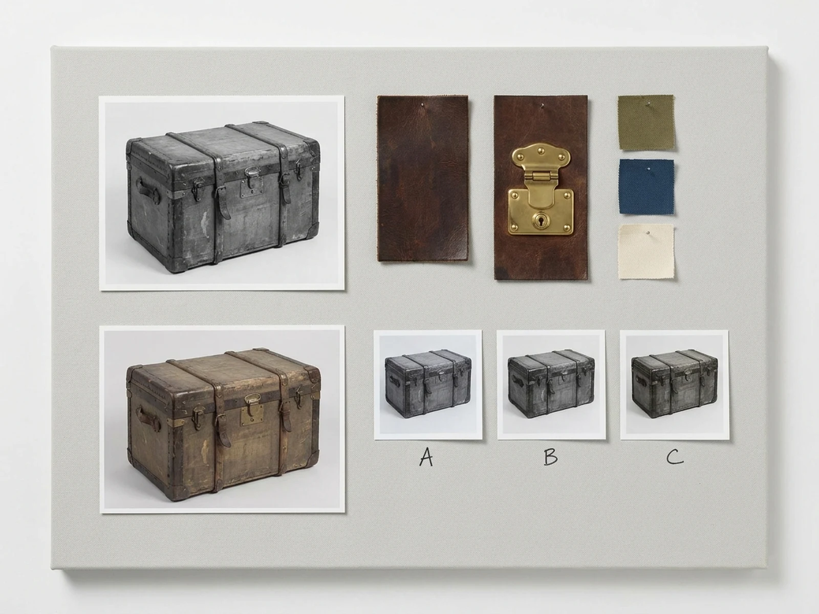 Colorization planning board for a fictional vintage travel trunk photograph