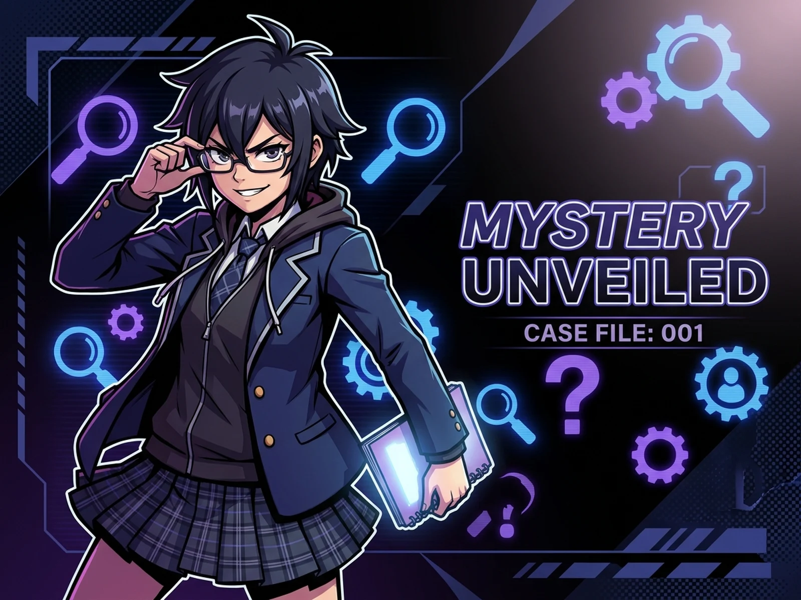 Danganronpa AI Generator example showing mystery student splash art with controlled lighting and clear composition