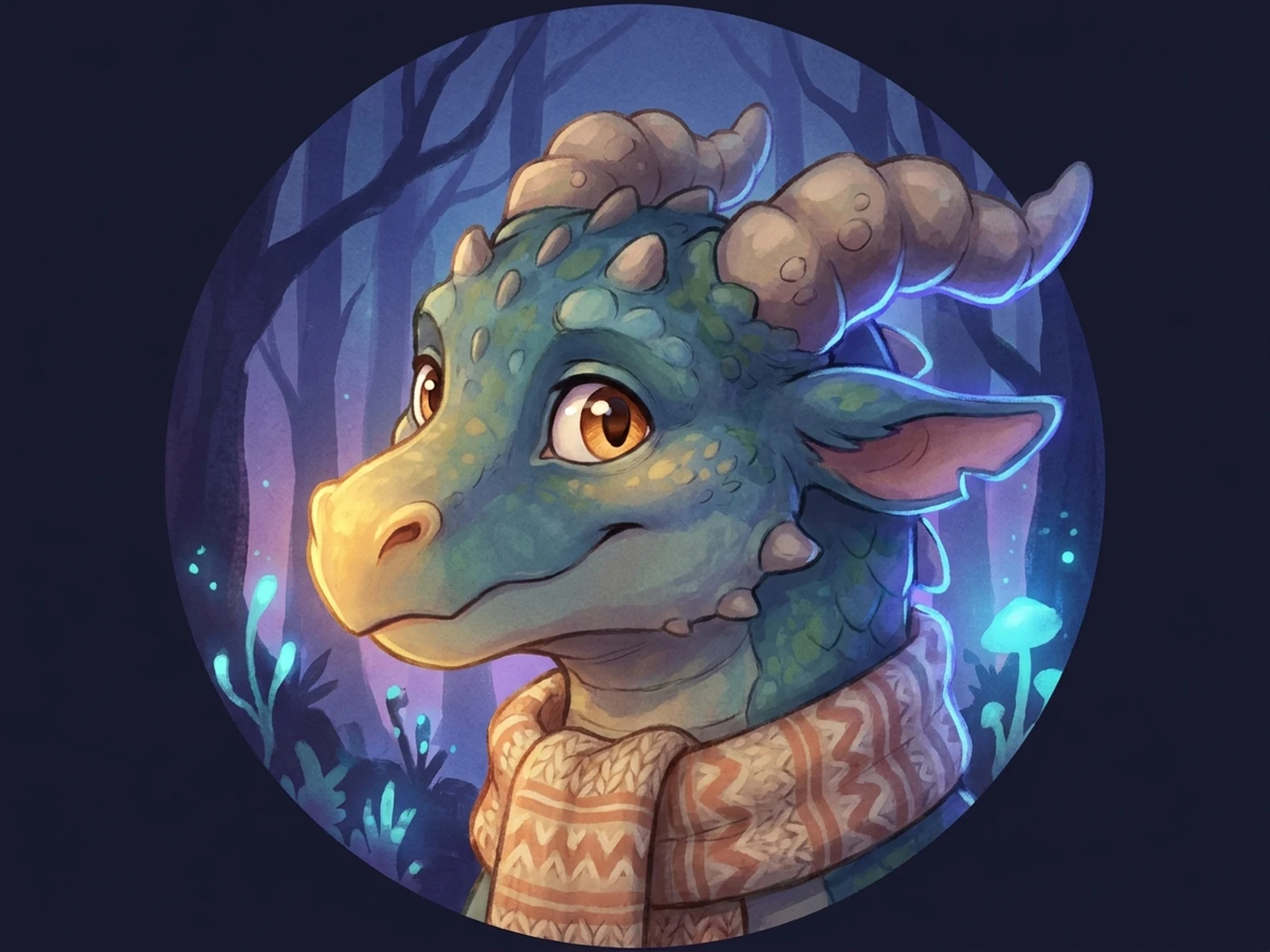 在线fursona生成器示例图，展示戴围巾的温和龙族头像和黄昏森林背景