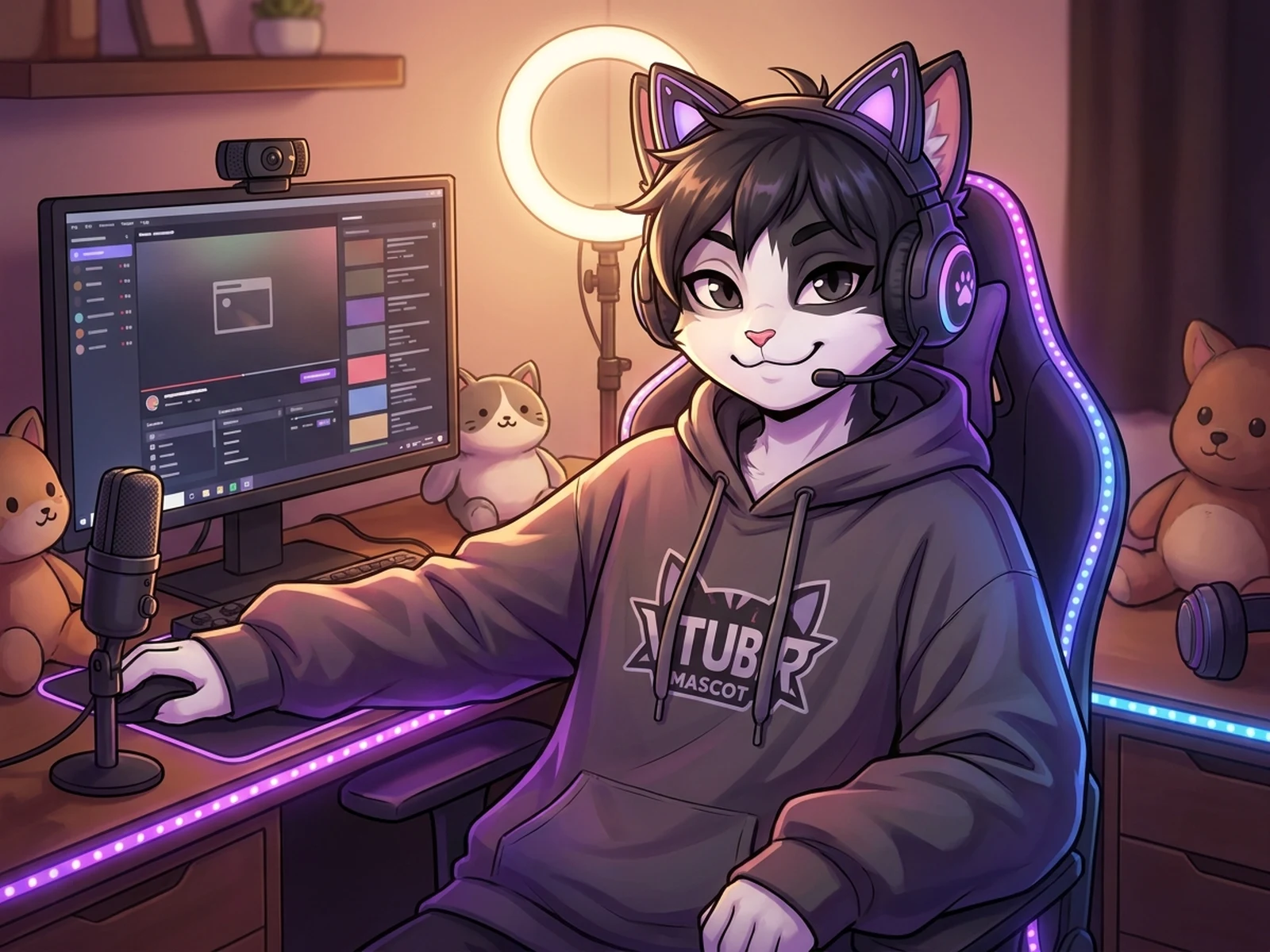 在线fursona生成器示例图，展示猫灵感主播吉祥物、连帽衫和耳机