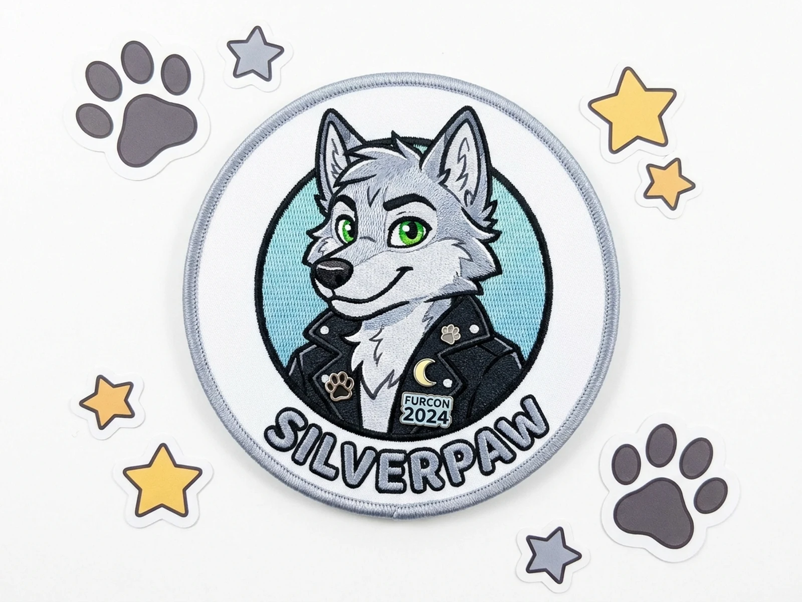 在线fursona生成器示例图，展示狼族fursona活动徽章概念和贴纸形状