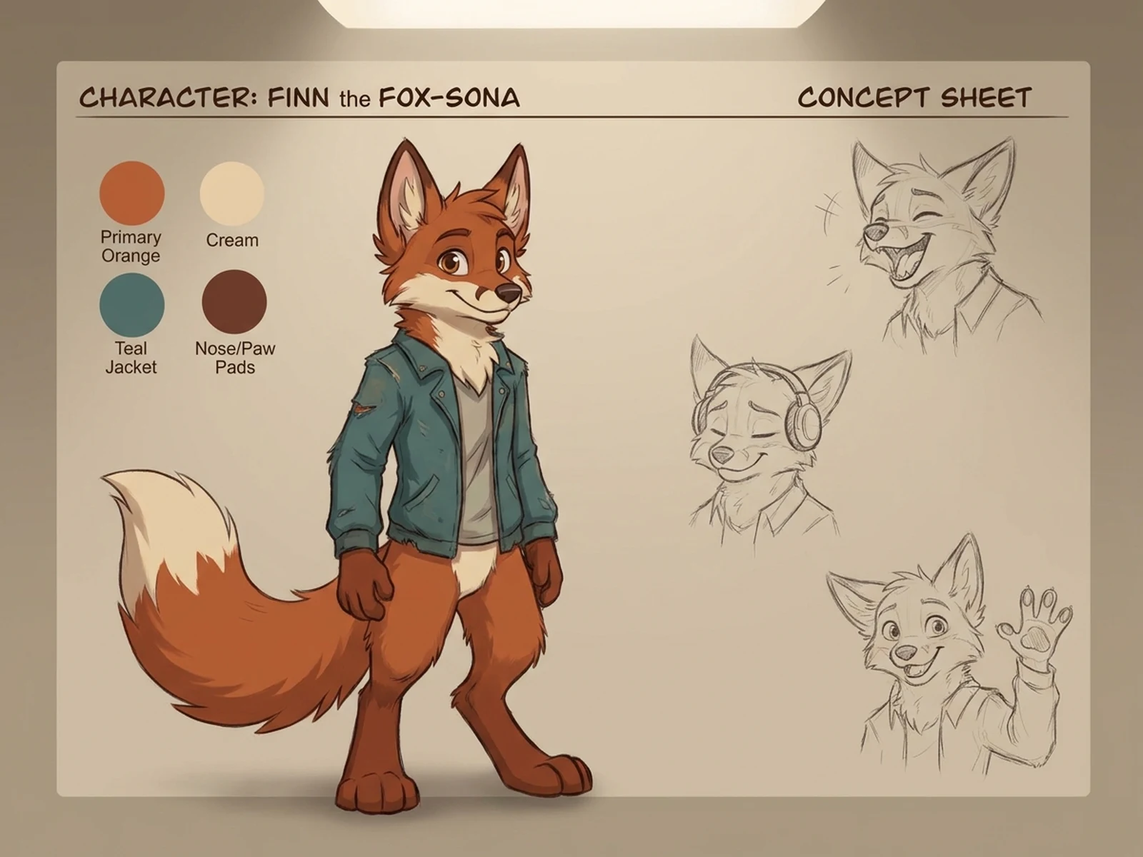Friendly fox-inspired fursona character reference sheet with outfit details, color palette, and clean concept art lighting