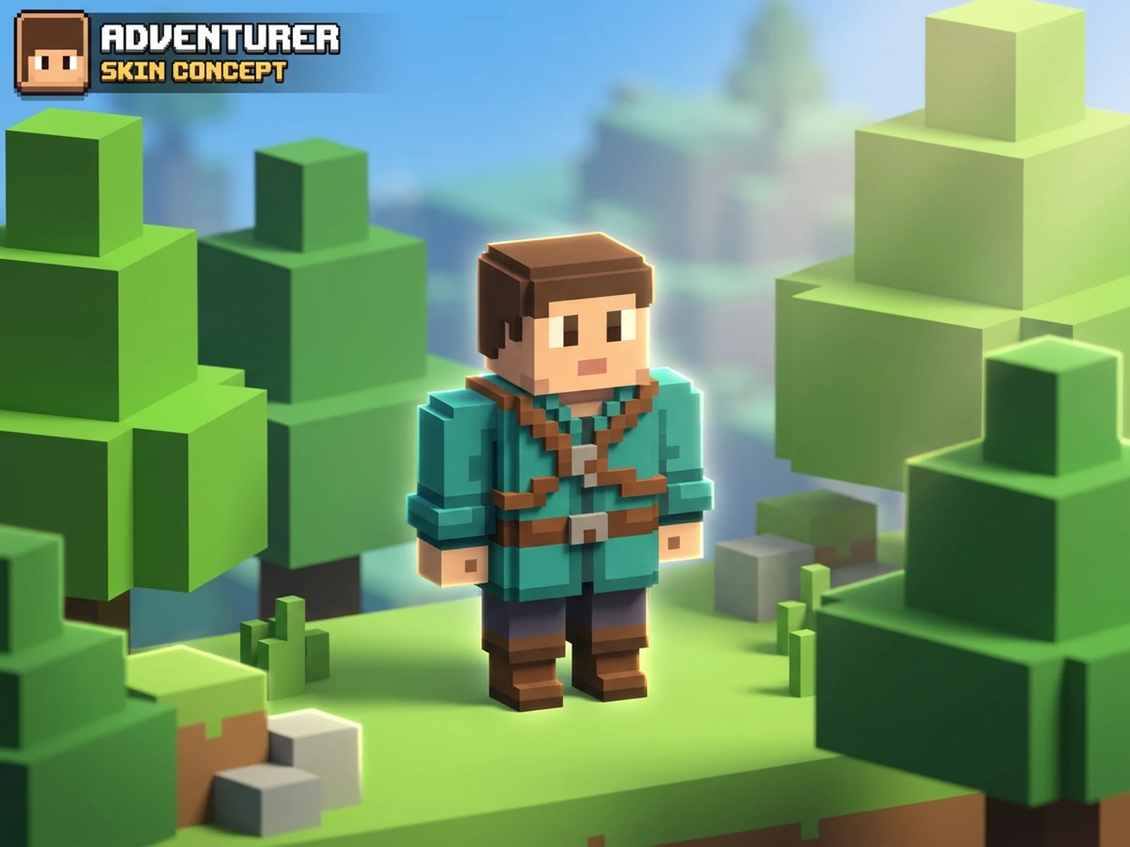 Minecraft Skin Generator example showing pixel adventurer skin with controlled lighting and clear composition