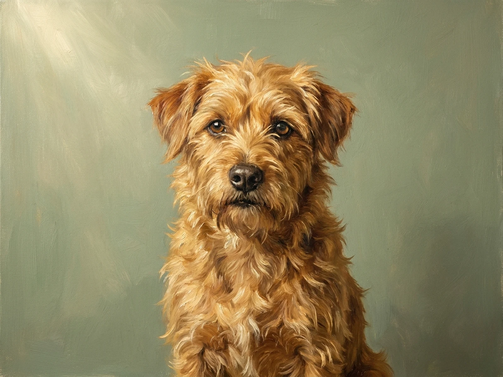 Permitted golden-brown dog portrait interpreted as a warm oil painting