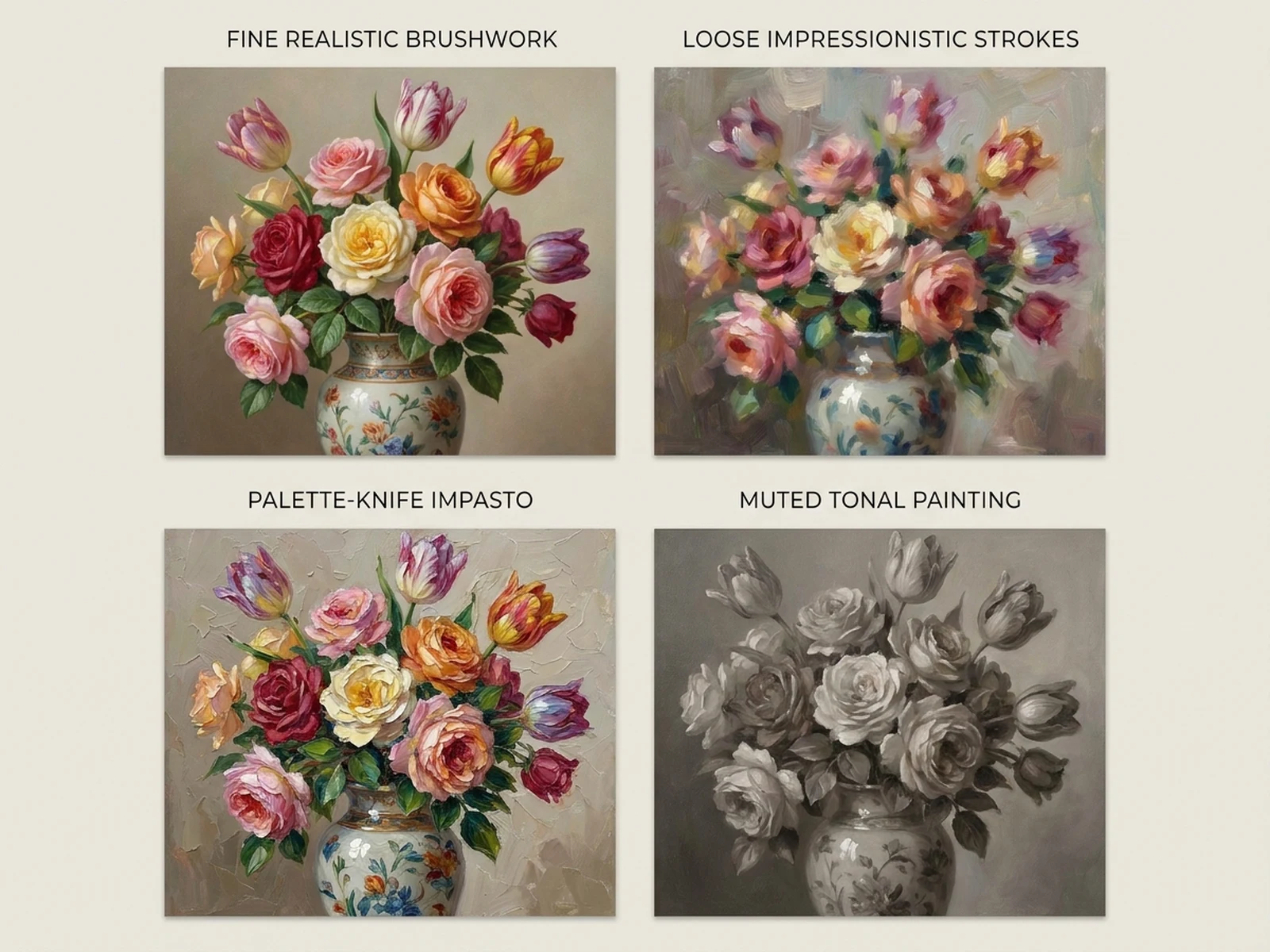 Four original oil-painting interpretations of one flower still life