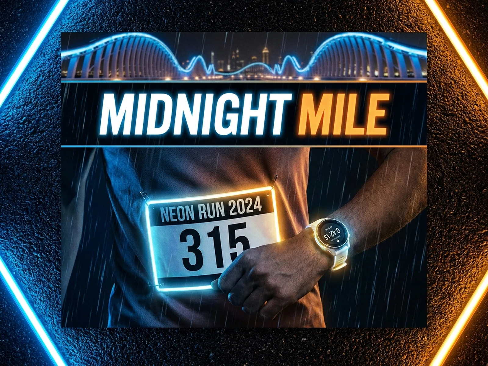 AI generated neon city running event poster with race bib and reflective asphalt