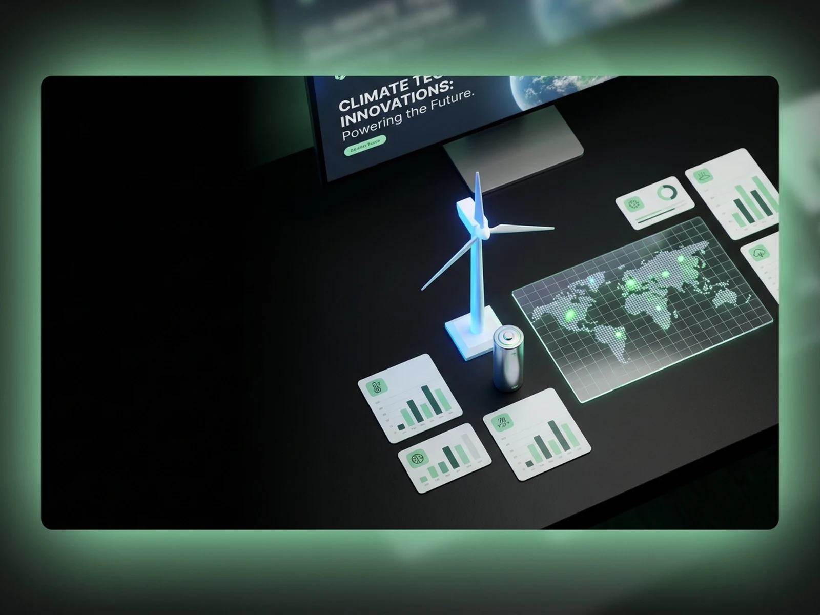 AI generated climate tech webinar thumbnail with turbine model and grid map