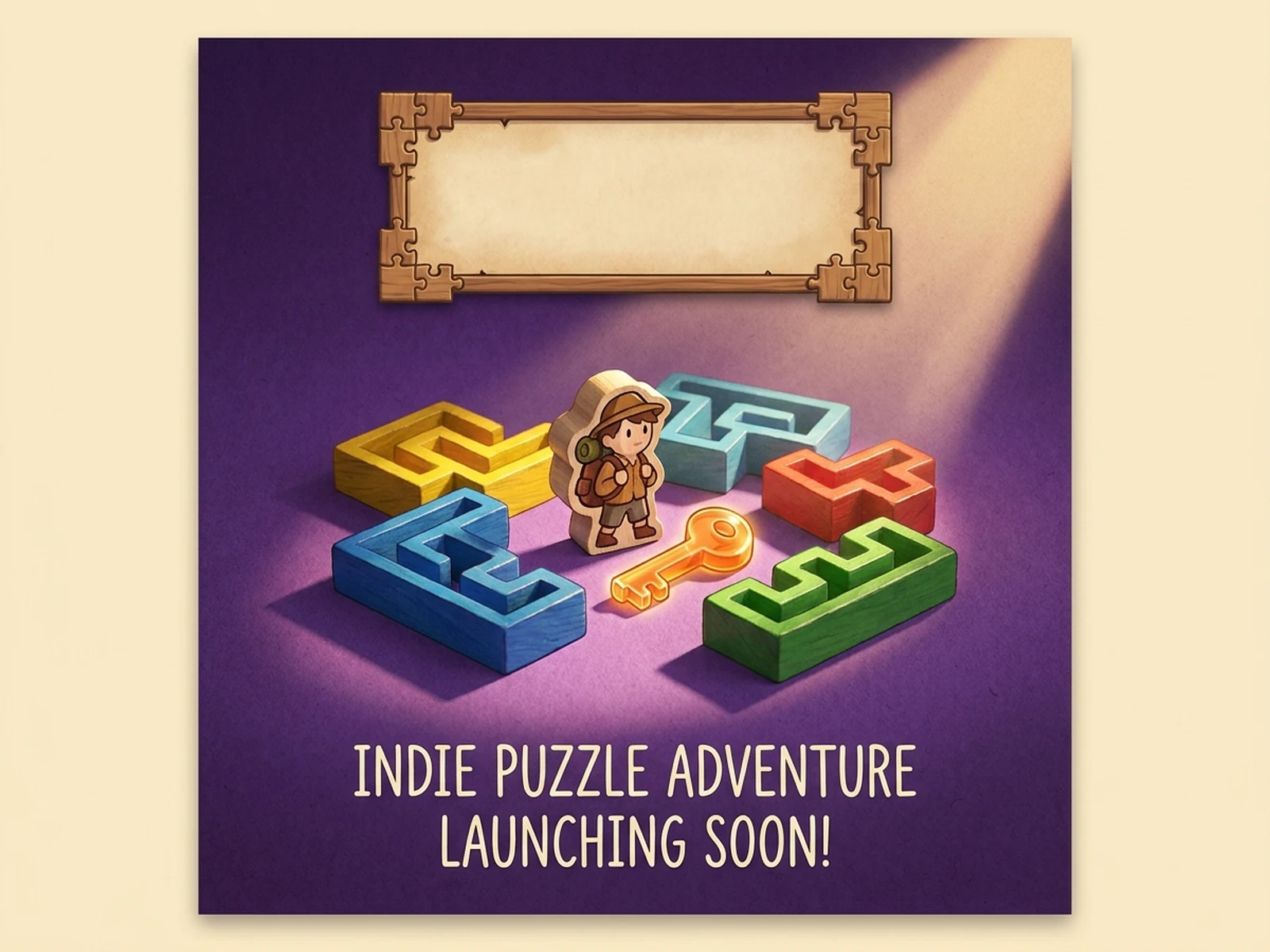 AI generated indie puzzle game poster with maze pieces and glowing key