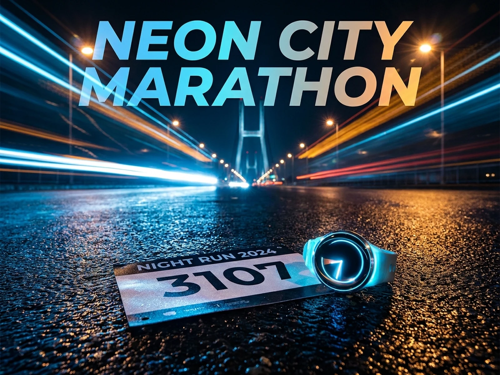 Neon city running event poster with race bib and reflective asphalt title space