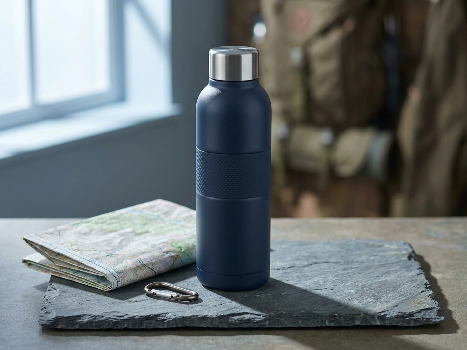 AI generated insulated water bottle ecommerce hero image with outdoor gear styling