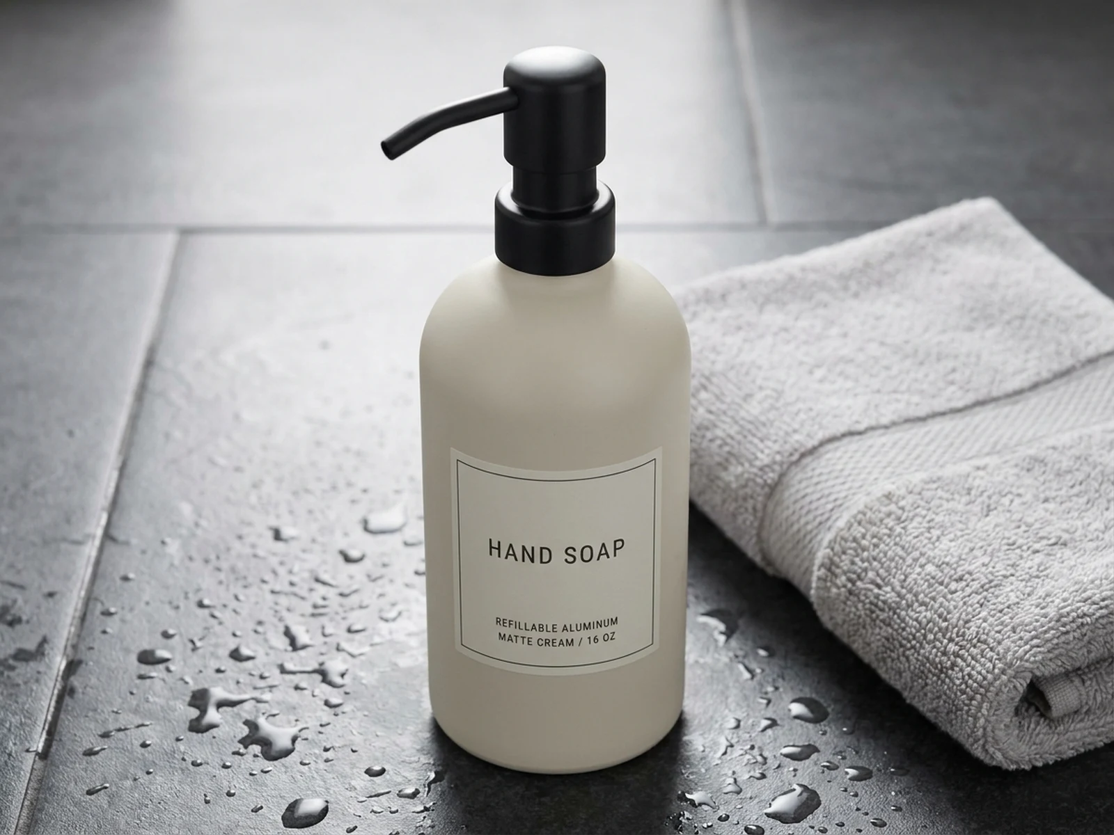 AI generated refillable soap dispenser detail photo with tile surface and droplets