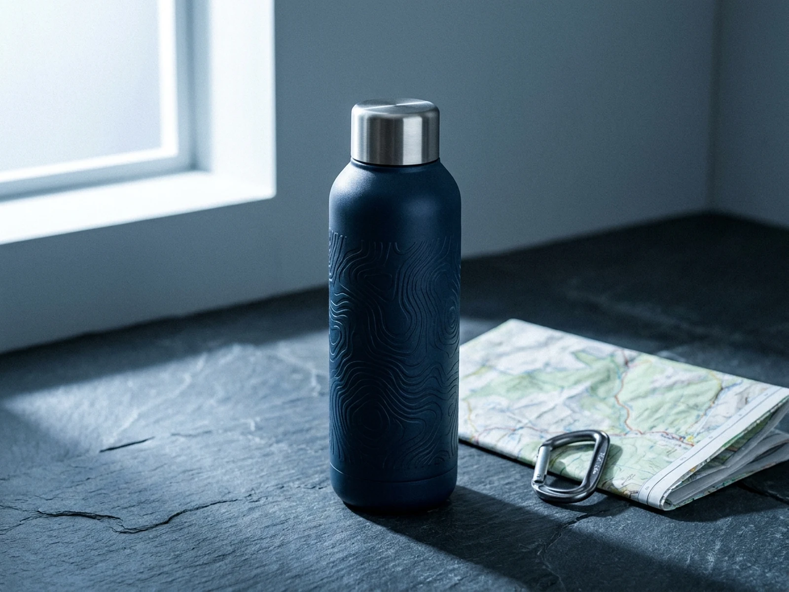 Matte navy insulated water bottle on slate surface with outdoor catalog styling