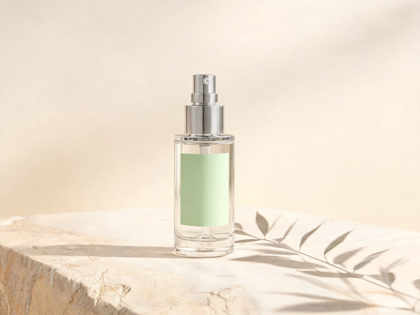 Serum bottle on a warm stone surface with soft studio light and a clean ecommerce crop