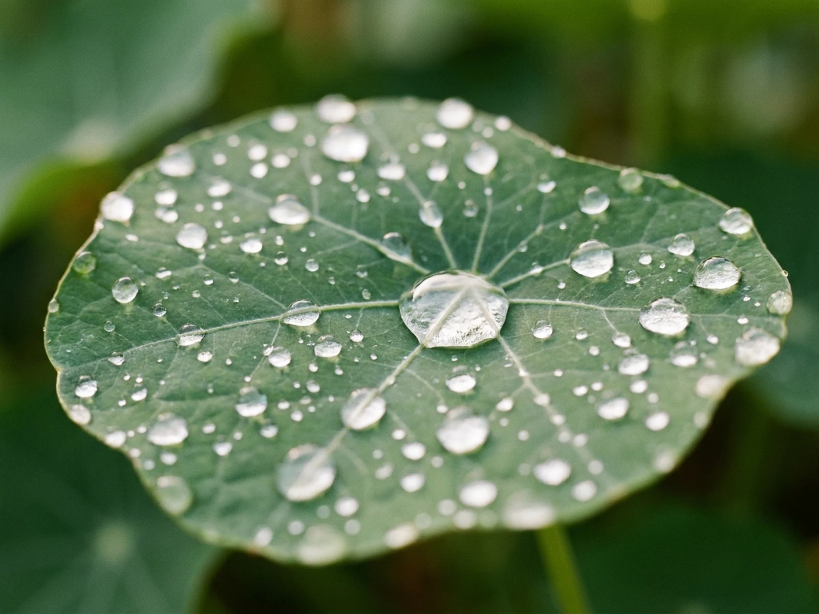 Macro rain droplets resting on a green leaf