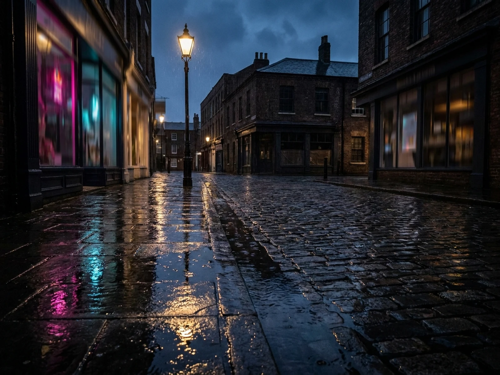 Fictional wet street with colorful night reflections