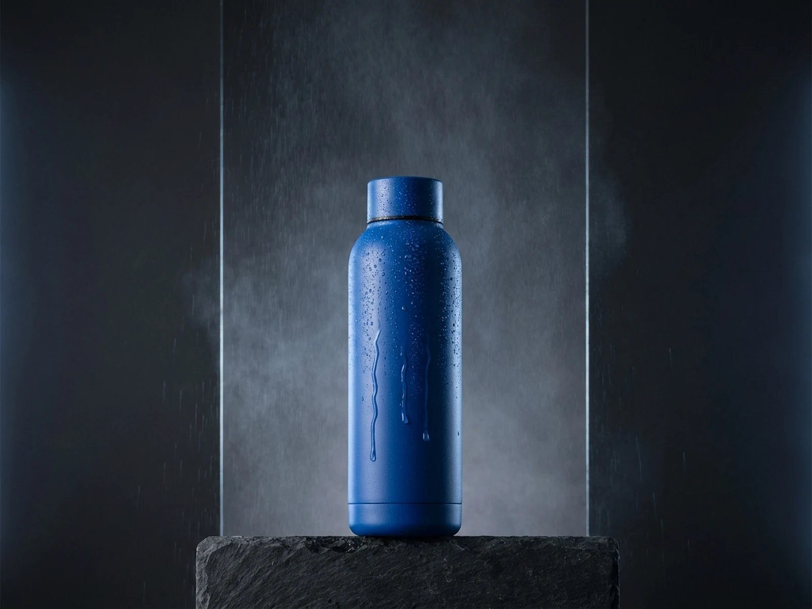 Unbranded blue bottle with controlled rain droplets