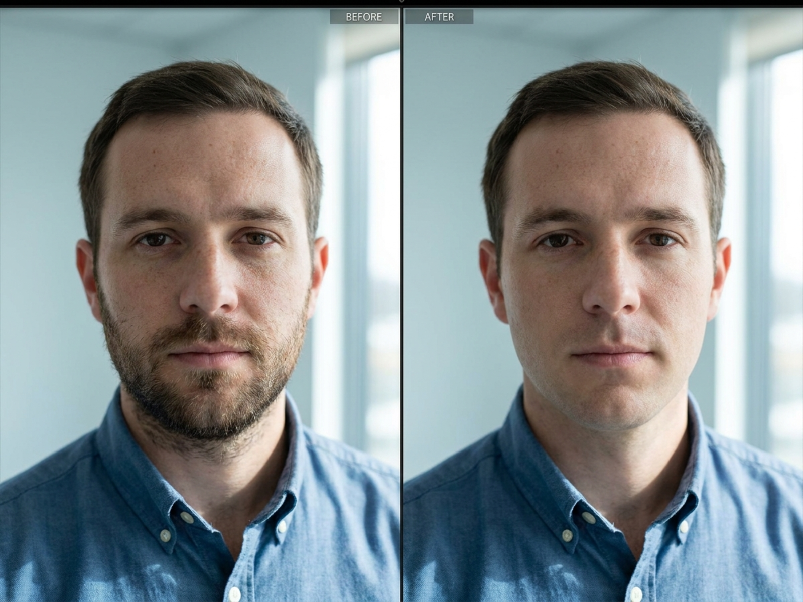Short stubble removal preview preserving jaw shape, freckles, pores, hairstyle, and office lighting