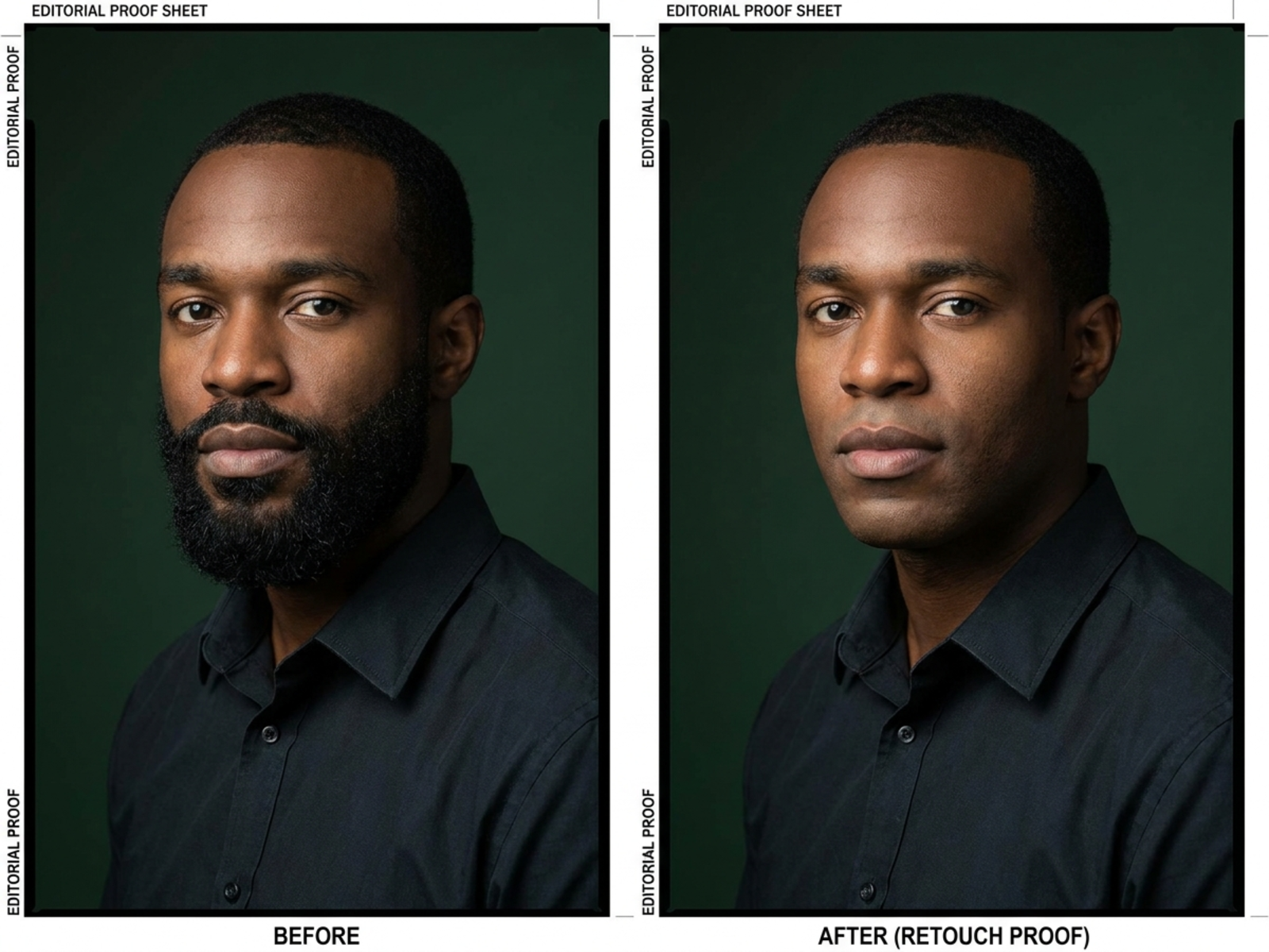 Moustache and boxed-beard removal proof preserving facial structure, identity, and editorial light