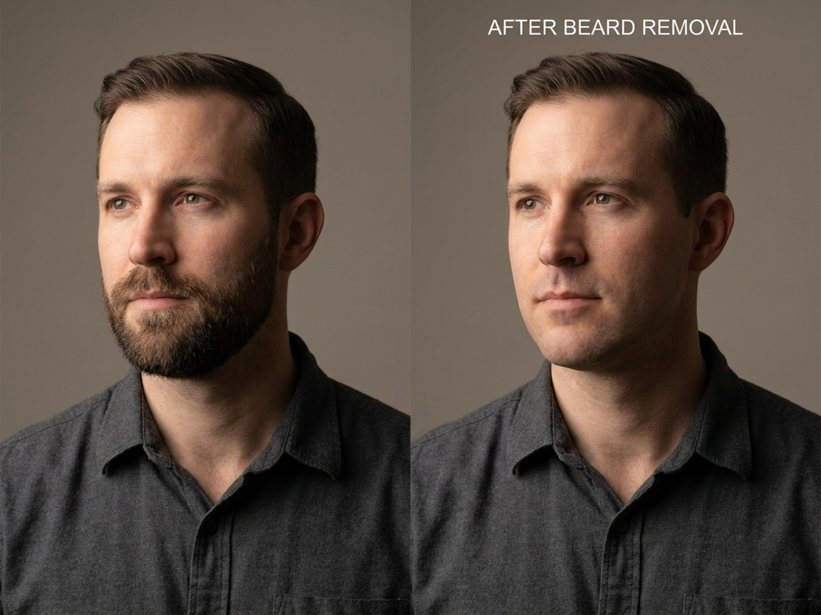 Natural beard removal edit preview preserving facial identity, skin texture, hairline, and studio lighting