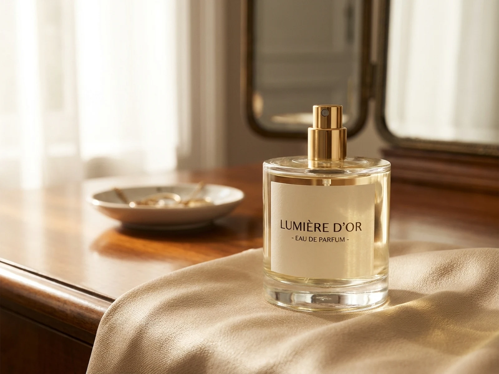 Remove hair from photo example showing stray hair cleanup from perfume bottle and fabric surface