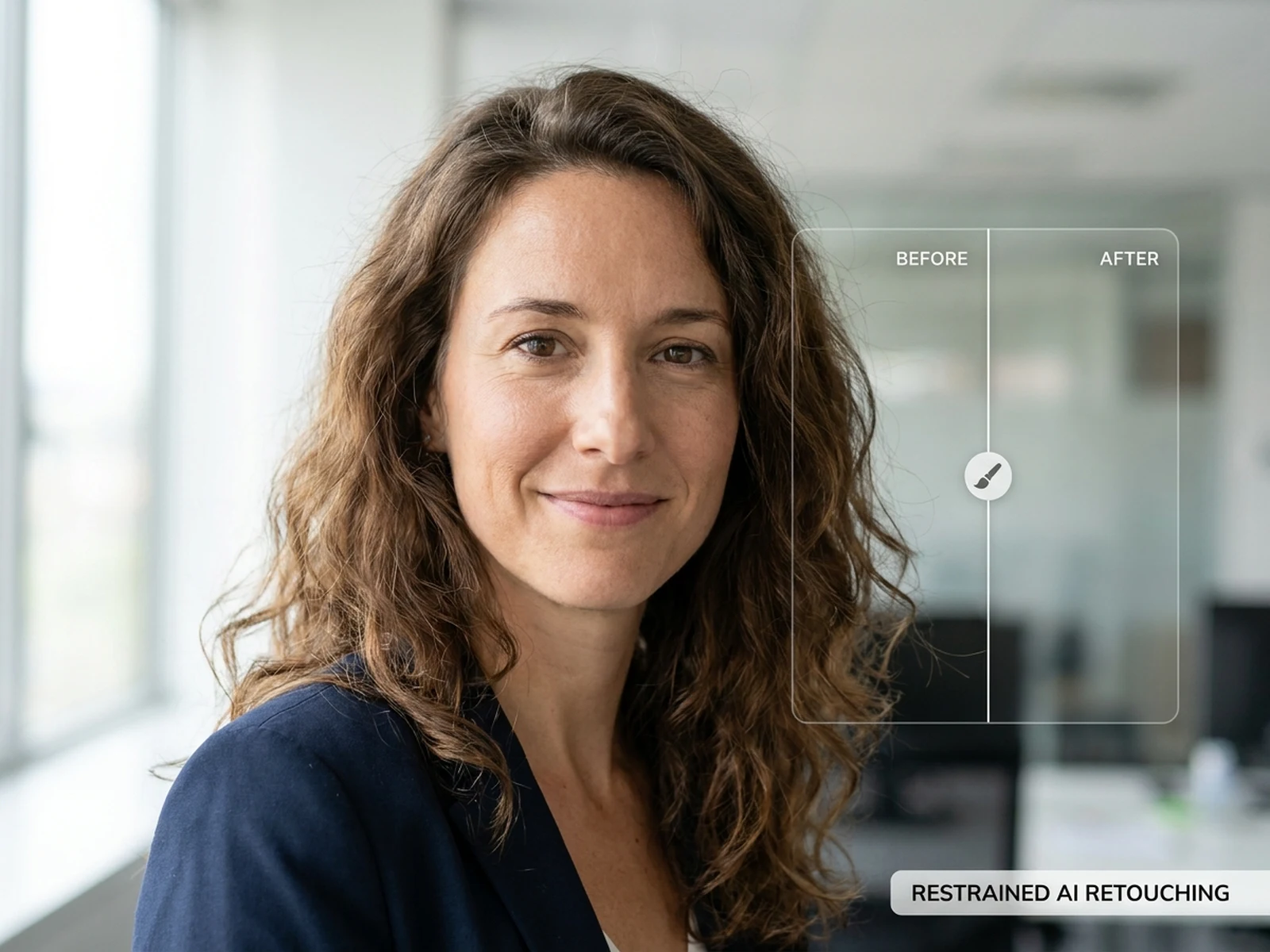 Remove hair from photo example showing professional profile retouch with flyaway hair reduced