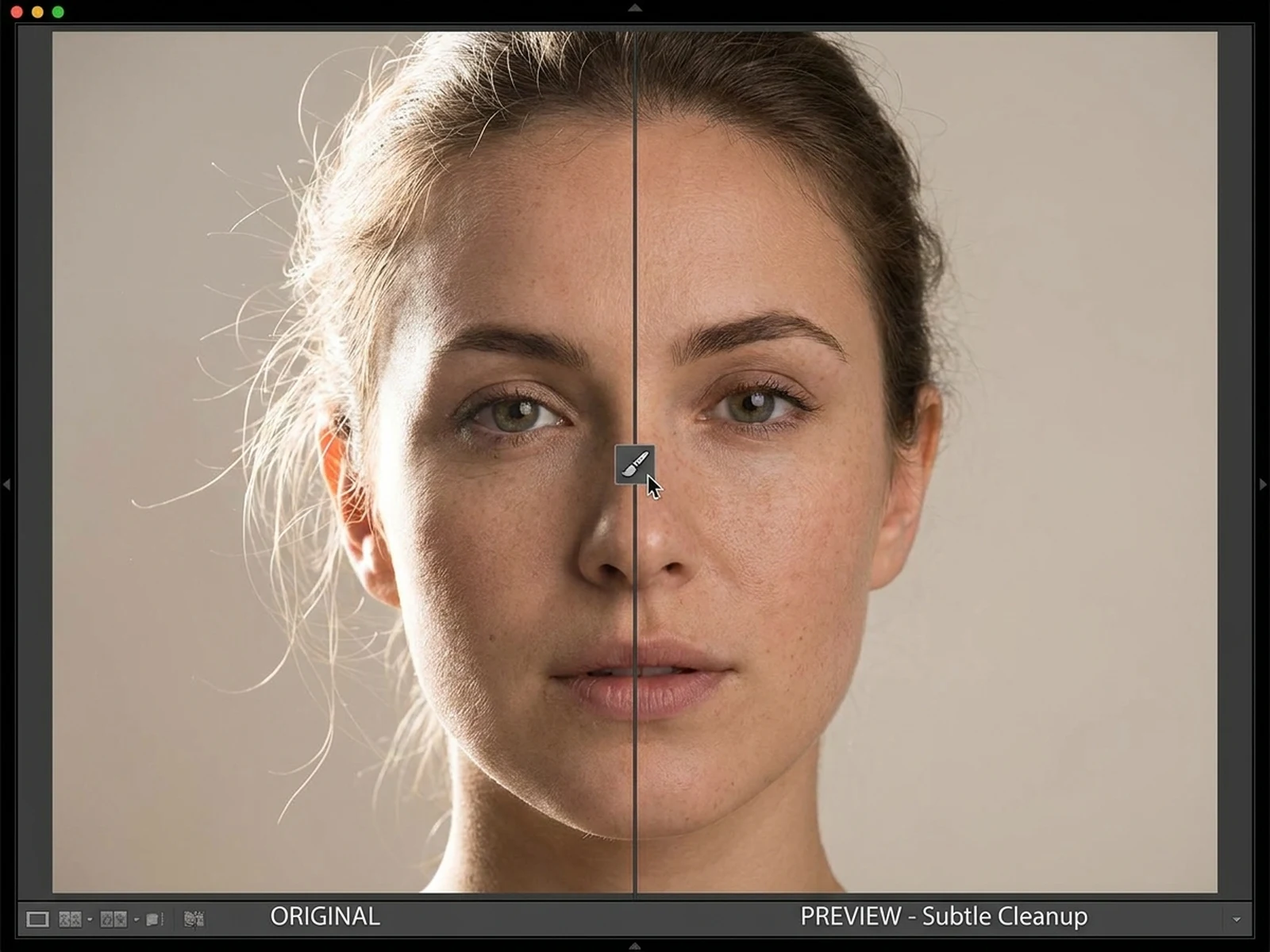 Portrait retouching preview with flyaway hair cleanup, natural skin texture, and clean studio background